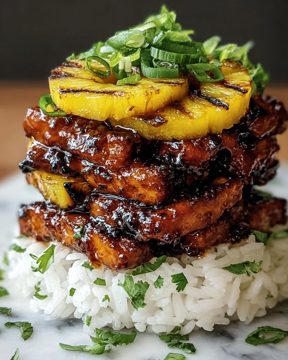 This dish is a three-layer stack starting with a base layer of white rice, soft and fluffy with some chopped green herbs scattered on top. The second layer is made of grilled, caramelized tempeh with a rich, dark brown glaze that looks sticky and shiny, topped with two slices of yellow grilled pineapple that have slight char marks. The top layer is another portion of the glazed tempeh piled generously, finished with chopped fresh green onions and leafy green herbs for a fresh contrast. The whole stack is set against a white marbled texture background. photo taken with an iphone --ar 4:5 --v 7