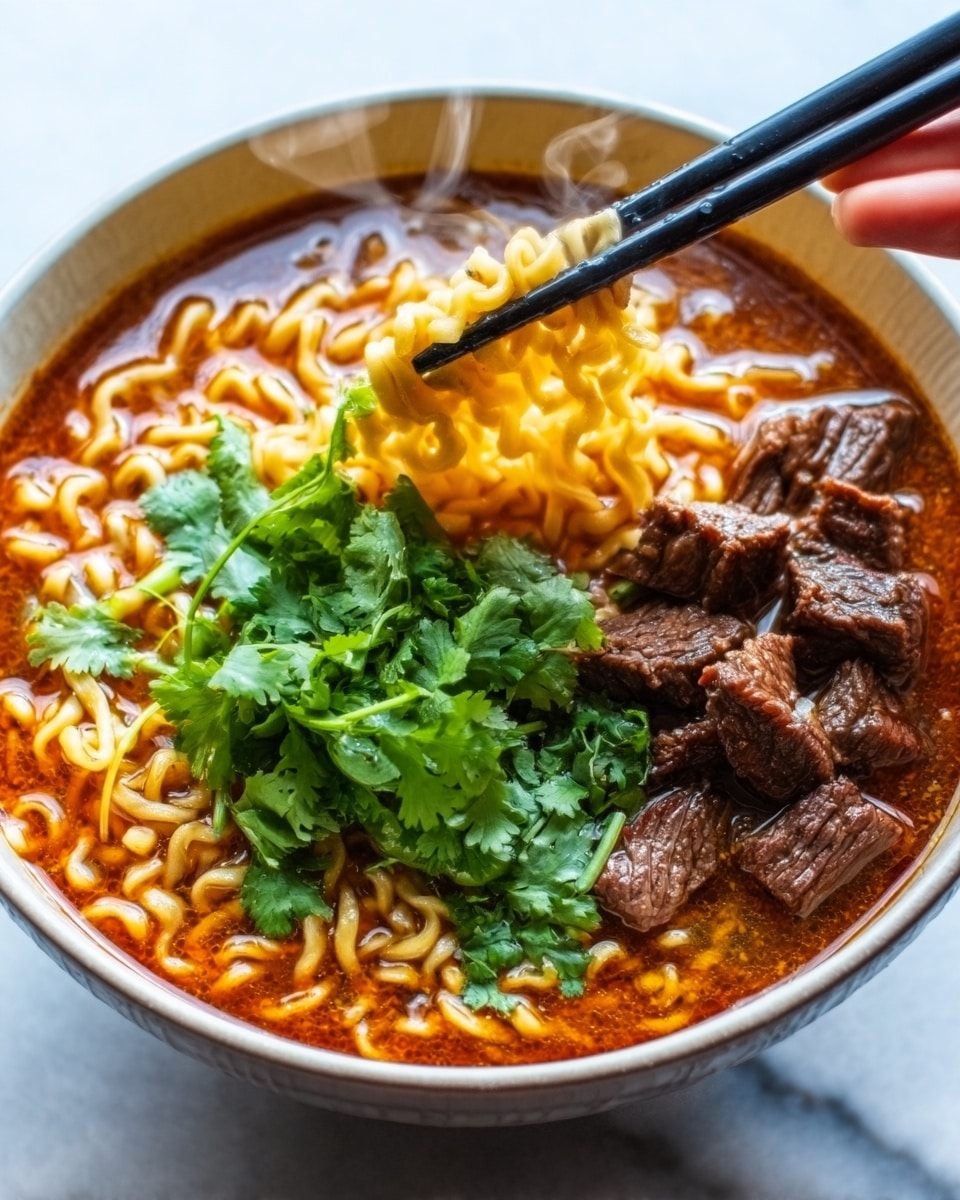 A white bowl filled with hot ramen soup resting on a white marbled surface; the broth is rich and reddish-brown, filling the bowl about three-quarters full; curly yellow noodles float in the broth, with some lifted by black chopsticks held by a woman's hand at the top right; tender chunks of dark brown beef are scattered on one side inside the bowl, and fresh green cilantro leaves are piled in the center, adding a bright contrast to the warm colors of the soup; steam lightly rises from the bowl, showing heat and freshness. photo taken with an iphone --ar 4:5 --v 7