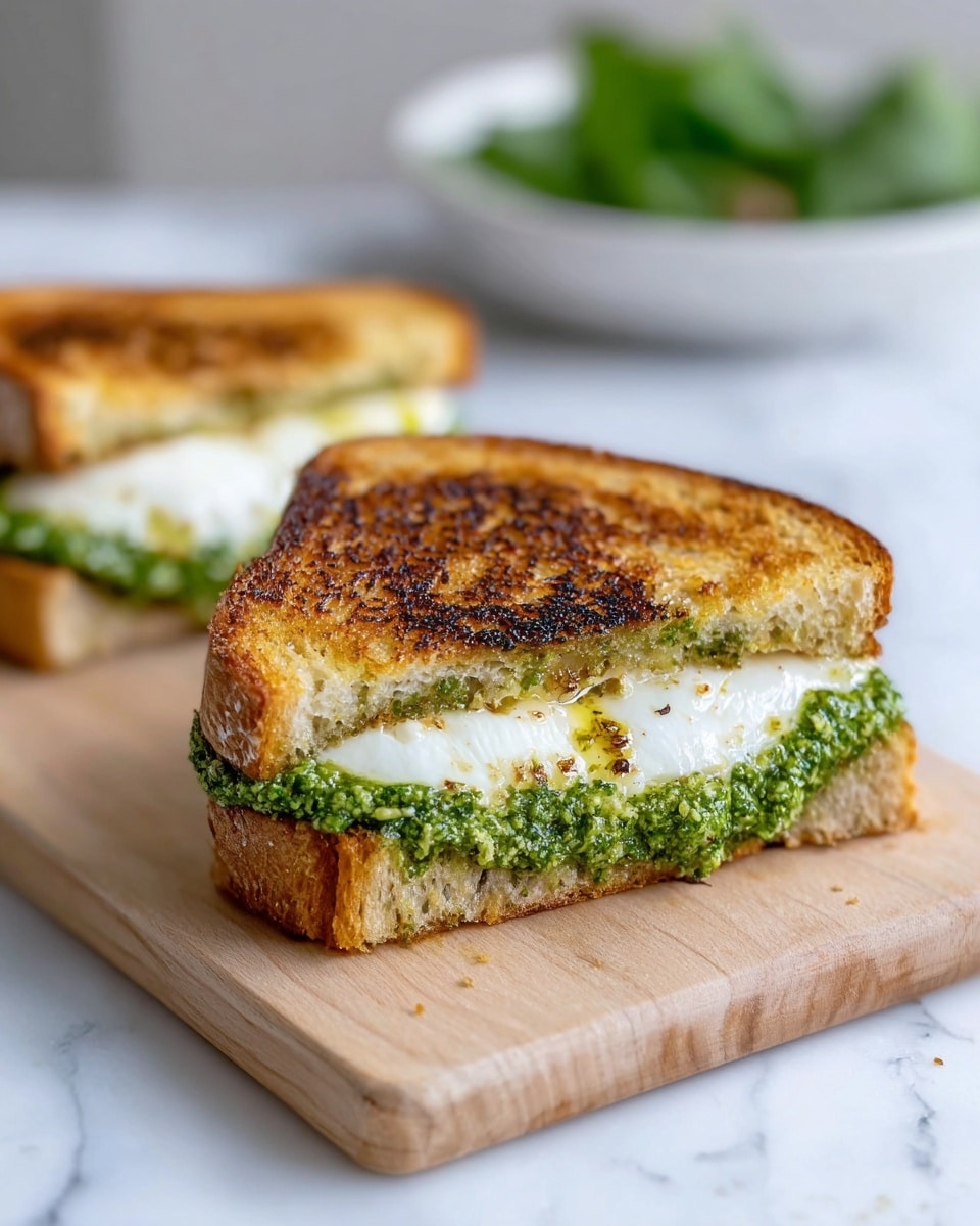 A toasted sandwich cut in half sits on a light wooden board over a white marbled surface. Each sandwich half shows three clear layers: the top and bottom layers are golden-brown toasted bread with a slightly burnt pattern, the middle layer is a bright green, textured pesto spread, and the layer just above the pesto is soft, white, and creamy cheese with a glossy finish hinting at some oil drizzle. One sandwich half is focused in front, with the second blurred in the background, and a white bowl with green leaves is softly blurred further back. photo taken with an iphone --ar 4:5 --v 7