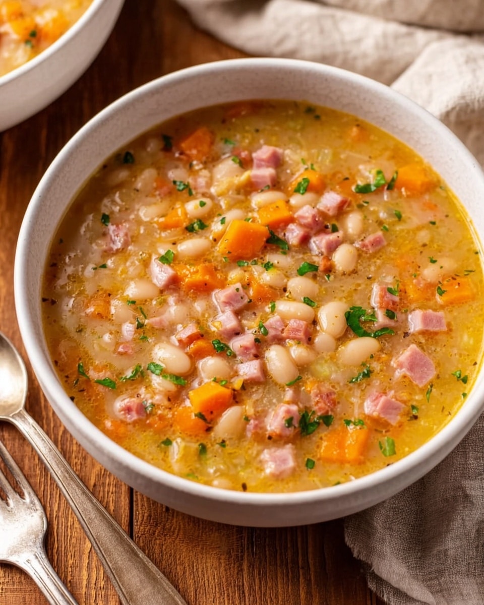 A white bowl filled with a thick soup that has three main layers: the bottom layer is a light golden broth, the middle layer contains small chunks of orange carrots and tiny green herbs, and the top layer features larger white beans and small cubes of pink ham scattered evenly. The soup looks rich with soft textures and small bits of onion visible in the mix, all set on a wooden surface with a beige cloth and fork nearby. photo taken with an iphone --ar 4:5 --v 7