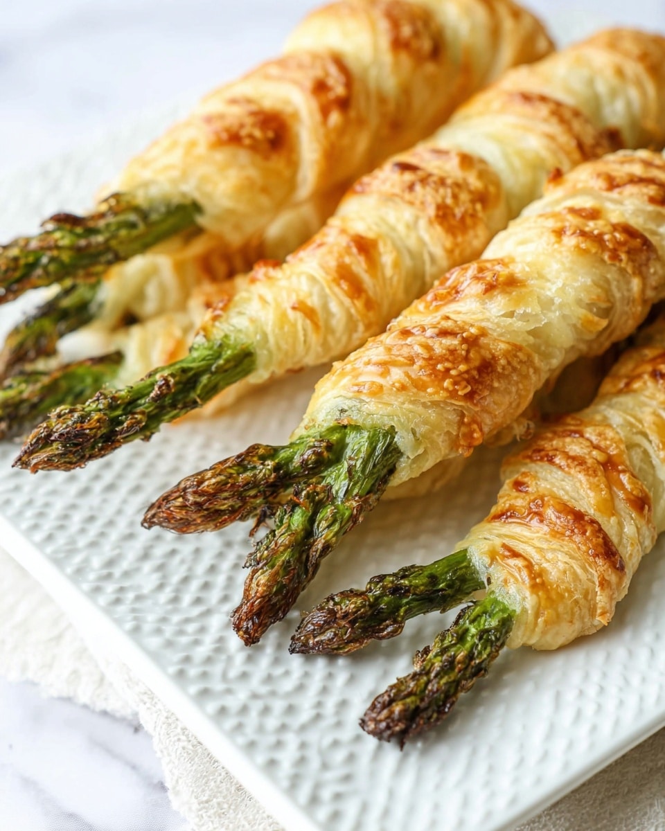 The image shows five pieces of green asparagus wrapped in golden, flaky pastry. Each asparagus spear has a rough, slightly charred tip that extends from the pastry's end. The pastry layers are crispy and lightly browned with some areas showing melted cheese spotty on the surface. The wrapped spears are arranged closely, slightly overlapping each other on a white square plate with a textured pattern. The plate is placed on a white marbled surface, creating a clean and bright background. photo taken with an iphone --ar 4:5 --v 7