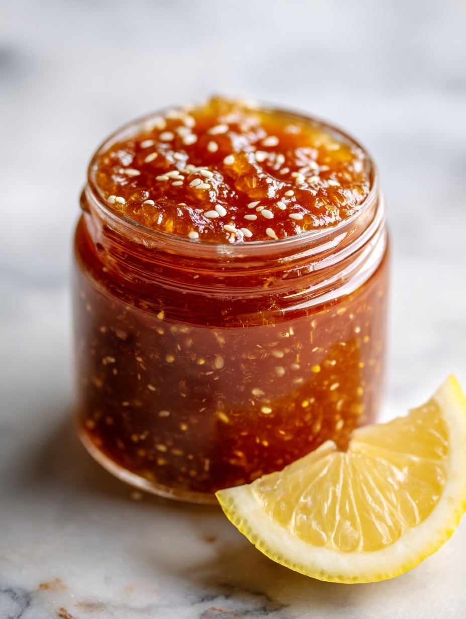 A small clear glass jar filled with chunky red-orange jam, showing pieces of fruit and seeds inside. The jam’s surface is shiny and slightly uneven, with small bits scattered on top. Behind the jar, there is a thick slice of lemon resting partly visible. Everything is placed on a white marbled surface. photo taken with an iphone --ar 4:5 --v 7
