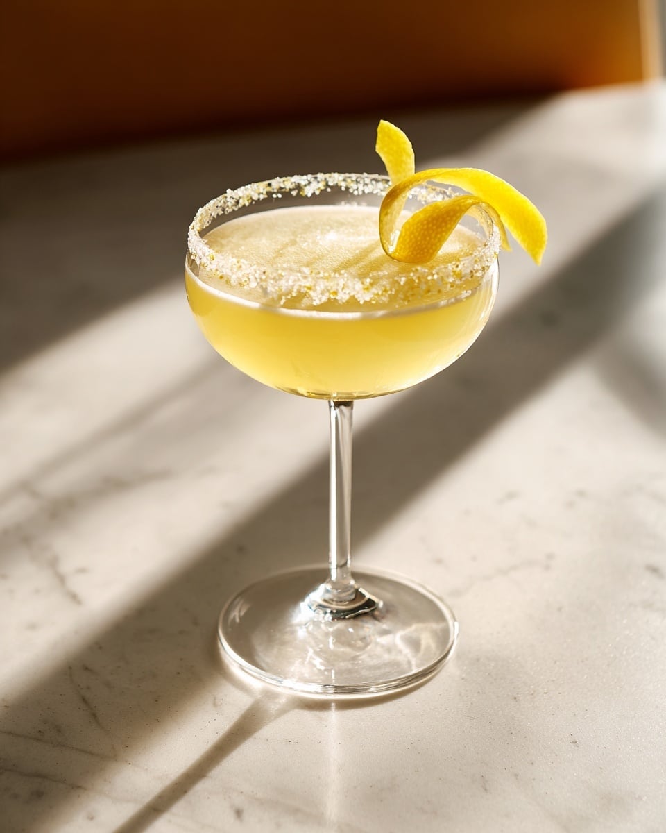 A light yellow cocktail in a clear coupe glass with a thin stem sits on a white marbled surface. The drink has a smooth, slightly frothy texture and a thin salt rim around the top edge of the glass. On top of the drink, a single long, curly lemon peel twist lies gently across the surface, adding a bright contrast. The scene is softly lit by warm natural light coming from the right side, casting gentle shadows and highlights. photo taken with an iphone --ar 4:5 --v 7