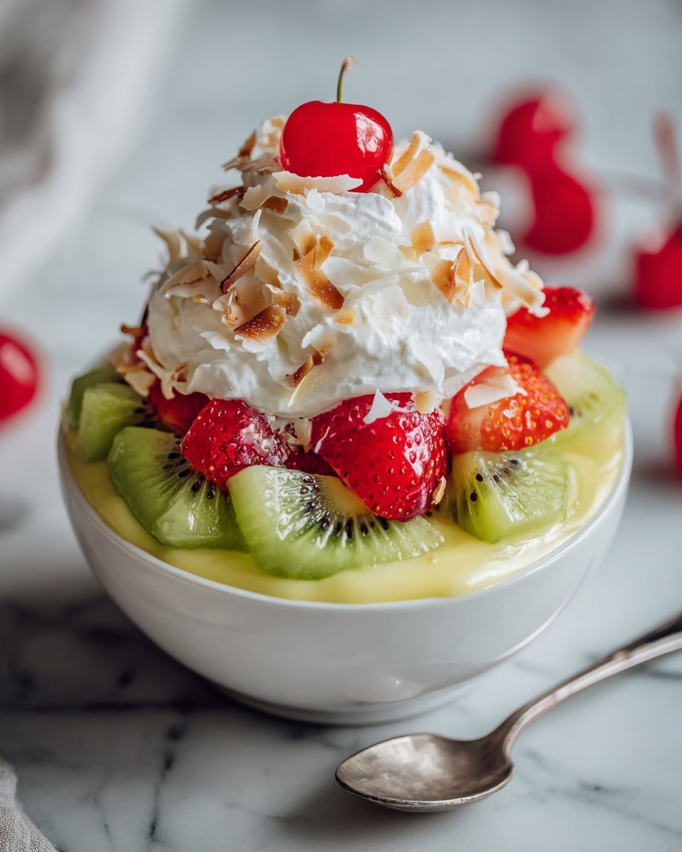 A white bowl filled with a colorful layered fruit dessert sits on a white marbled surface. The bottom layer is a creamy yellow custard, topped with bright green slices of kiwi and vibrant red strawberries. Over the fruit is a thick layer of fluffy white whipped cream, sprinkled with thin toasted coconut flakes. On top of everything, shiny red cherries are placed, adding a pop of color. A woman's hand holding a spoon is seen near the bowl, ready to dig in. Photo taken with an iphone --ar 4:5 --v 7