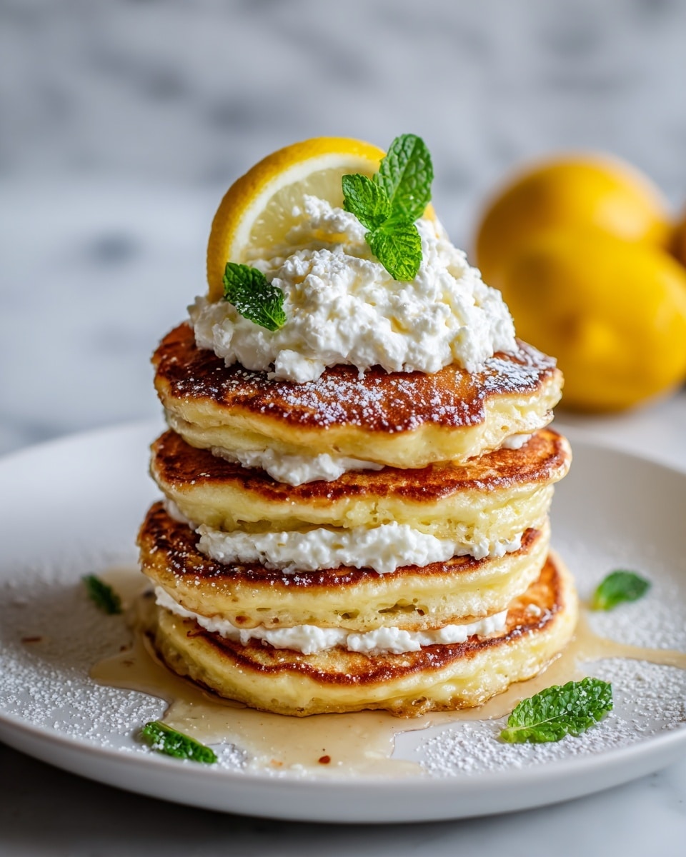 A stack of three thick, golden-brown pancakes sits on a white plate with a white marbled texture beneath it. Each pancake layer is fluffy and soft, separated by generous white cream filling in between. The top pancake is sprinkled with white powdered sugar and small green mint leaves. On top, there is a dollop of white creamy cottage cheese, a bright yellow lemon slice, and a small mint sprig. Around the plate, there are a few scattered mint leaves and syrup pooling near the base. In the blurry background, two whole lemons sit on the white marbled surface. Photo taken with an iphone --ar 4:5 --v 7