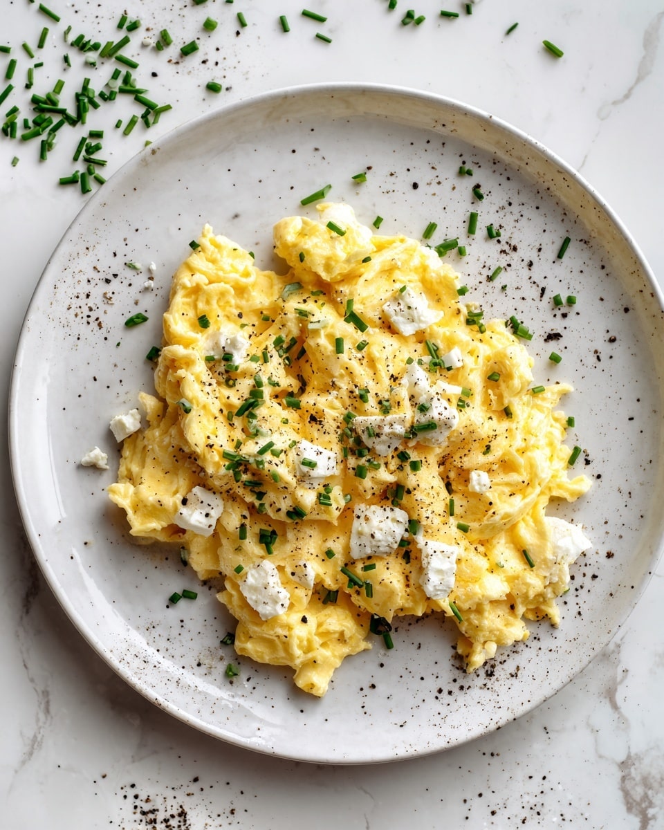 A plate of creamy scrambled eggs with soft folds and a smooth, fluffy texture is topped with small chunks of white cheese and finely chopped green chives scattered across the dish. Lightly cracked black pepper is sprinkled over the yellow eggs, adding contrast. The food sits on a round white plate with a subtle speckled pattern, placed on a white marbled surface with scattered bits of chopped chives in the background. photo taken with an iphone --ar 4:5 --v 7