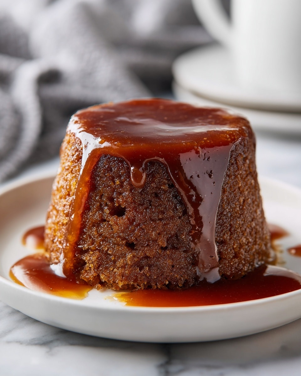 A small brown cake with a rough texture sits in the middle of a white plate. The cake is covered thickly with shiny, dark caramel sauce that drips down its sides and pools around the base on the plate. The cake looks moist and dense, with the caramel sauce adding a smooth and glossy finish. The white plate rests on a white marbled surface, with a blurred light gray cloth in the background. photo taken with an iphone --ar 4:5 --v 7