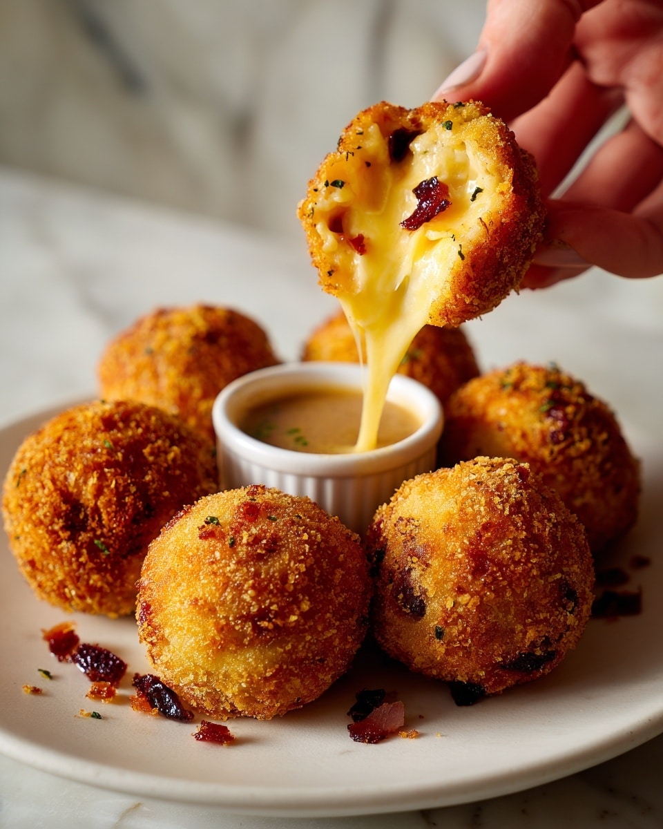 The image shows a close-up of round, golden-brown fried balls with a crispy texture on the outside. One ball is broken open in front, revealing a gooey, creamy yellow cheese inside with small pieces of red and purple bits mixed in. The fried balls are arranged on a white plate placed on a white marbled surface, and in the back, there is a white ramekin filled with light brown dipping sauce. A woman's hand is holding one of the balls dipped into the sauce, with cheese stretching from the ball to the broken one. The lighting is warm and inviting, highlighting the crunchy surface and creamy filling. Photo taken with an iphone --ar 4:5 --v 7