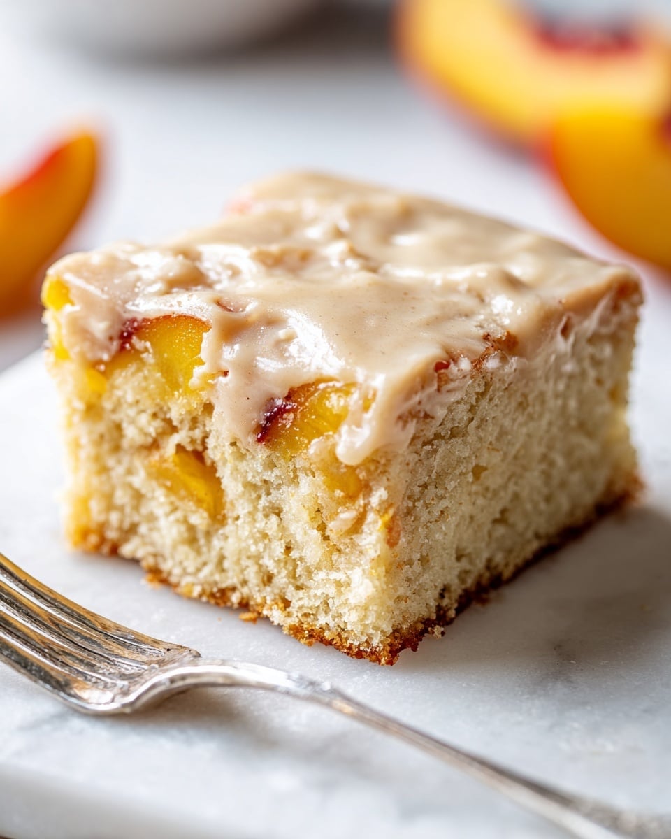 A square slice of yellow cake with chunks of peach inside sits on crumpled white parchment paper on a white marbled surface. The cake has a thick, smooth layer of light beige glaze on top that looks slightly cracked, giving a shiny texture. A silver fork lies next to the cake on the left side, and there are peach slices blurred in the background. The cake looks soft and moist with the peach pieces adding a bright orange contrast inside. photo taken with an iphone --ar 4:5 --v 7