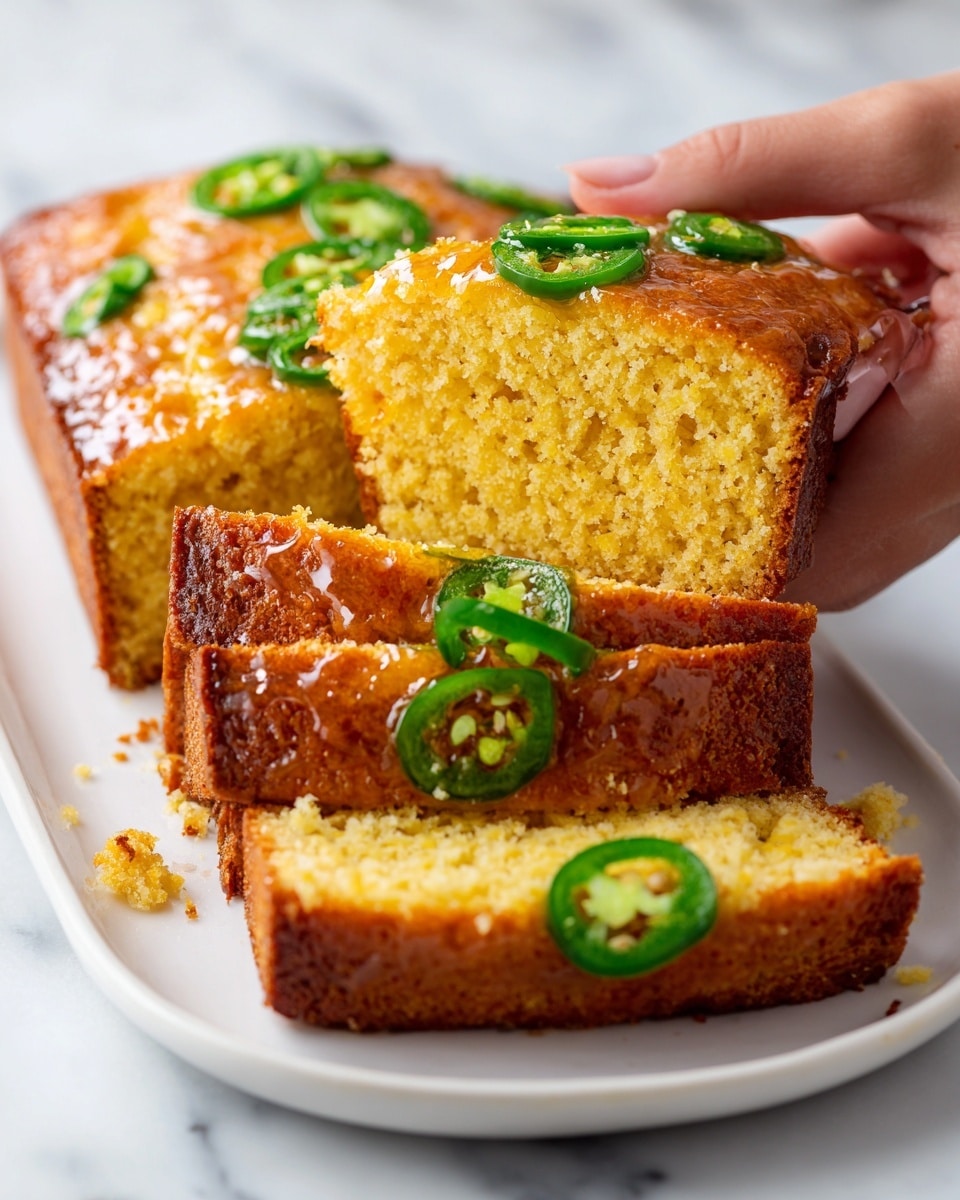 A golden brown cornbread with a moist and slightly crumbly texture, cut into slices, each topped with bright green slices of jalapeño peppers. The bread has a shiny glaze on top, making it look fresh and delicious. Some crumbs are visible near the cut edges. The cornbread sits on a white plate over a white marbled surface. A woman's hand is gently holding a slice being lifted from the plate. Photo taken with an iphone --ar 4:5 --v 7