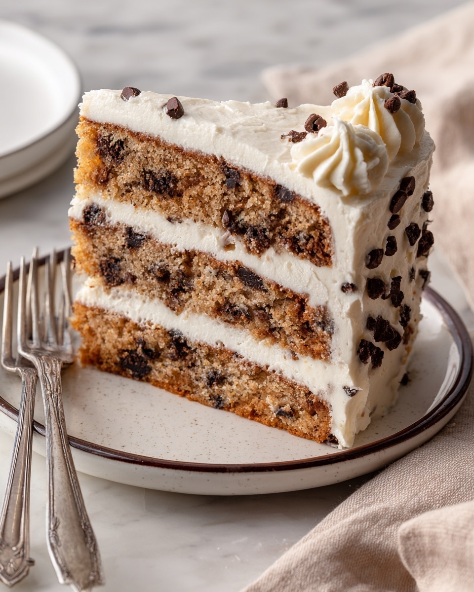 A slice of three-layer chocolate chip cake sits on a small white plate with a dark rim, placed on a white marbled surface. Each cake layer is light brown with small chocolate chips spread throughout. Between each cake layer and covering the top is a thick layer of creamy off-white frosting, smooth with bits of chocolate chips embedded. The cake edges have dollops of frosting with more chocolate chips visibly mixed in. A soft beige cloth is partially visible on the right side, and two silver forks rest near the bottom left corner of the image. Photo taken with an iphone --ar 4:5 --v 7