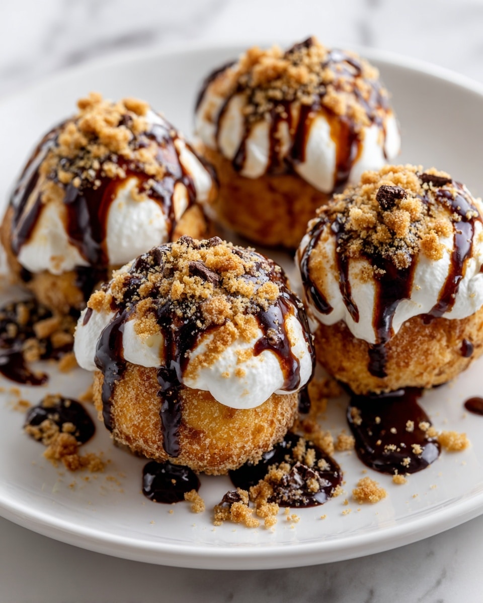 A white plate holds four golden brown fried s'mores bombs, each with a slightly crispy texture. On top of each bomb is a thick layer of white marshmallow cream that looks soft and smooth, and sprinkled over it are small chunks of crushed chocolate and graham cracker crumbs. A drizzle of glossy dark brown chocolate sauce runs over the marshmallow and around the plate, adding a rich shine and contrast. The white plate sits on a white marbled surface, enhancing the warm colors of the dessert. photo taken with an iphone --ar 4:5 --v 7