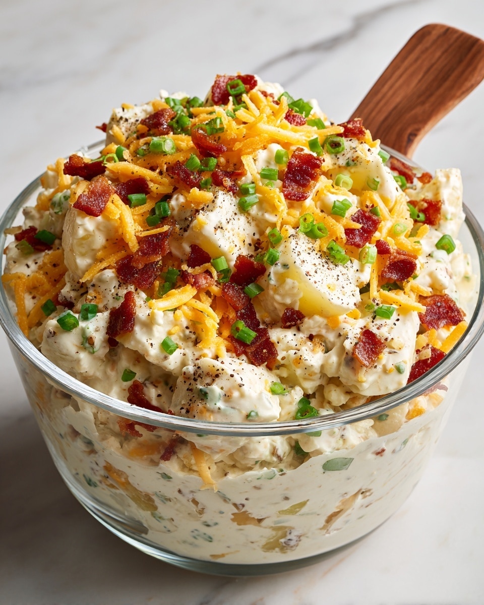 A clear glass bowl filled with a creamy potato salad, showing roughly three layers: large white chunks of potato coated in a thick white dressing, scattered bright orange shredded cheddar cheese, and small pieces of crispy red-brown bacon mixed throughout. The salad is topped with chopped bright green spring onions and a light sprinkle of black pepper. A wooden spoon, coated in the creamy mixture, rests inside the bowl against the side. The bowl sits on a white marbled surface. photo taken with an iphone --ar 4:5 --v 7