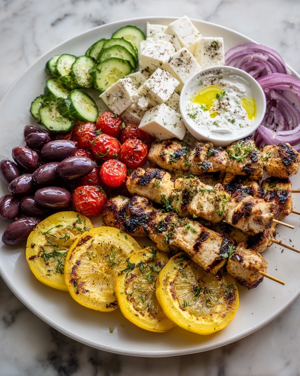 A white plate is filled with several colorful layers arranged in sections: the bottom layer has round grilled yellow lemon slices with dark grill marks, topped with dark purple olives. Next to it, there is a pile of grilled chicken pieces on skewers with a browned, slightly charred texture and small green herb sprigs scattered on top. Above the chicken, there are thick white cubes of seasoned cheese. To the left, bright red halved cherry tomatoes sit in a cluster. Above the tomatoes, there are thinly sliced green cucumber rounds sprinkled lightly with black pepper. Above the cucumbers, thin rings of purple onion are placed beside more olives. In the center top of the plate, a small white bowl filled with a creamy white dip is drizzled with golden olive oil and garnished with herb sprigs. The entire plate rests on a white marbled surface. Photo taken with an iphone --ar 4:5 --v 7