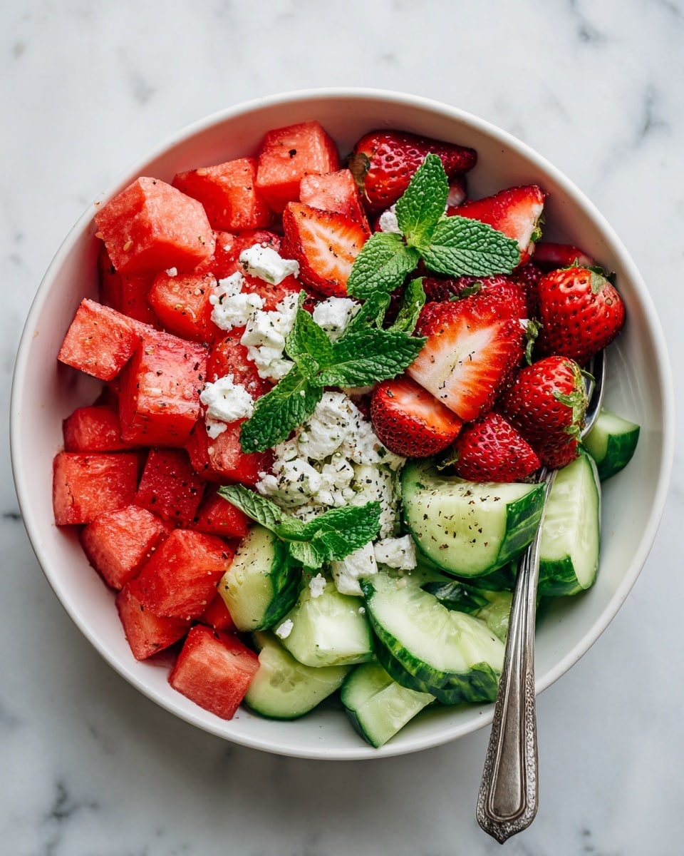 A bowl filled with a colorful salad showing three main layers, starting at the bottom with large, sliced cucumber pieces that are thick and green with a light, watery texture. On top of the cucumber are chunks of bright red watermelon cut into irregular triangles with a juicy look. The top layer has halved and whole strawberries that are glossy and deep red, scattered along with small white crumbles of soft cheese. Fresh green mint leaves are spread evenly across the bowl adding a splash of vibrant color, with a sprinkle of black pepper on top. A silver fork rests on the side inside the white bowl, which sits on a white marbled surface. photo taken with an iphone --ar 4:5 --v 7