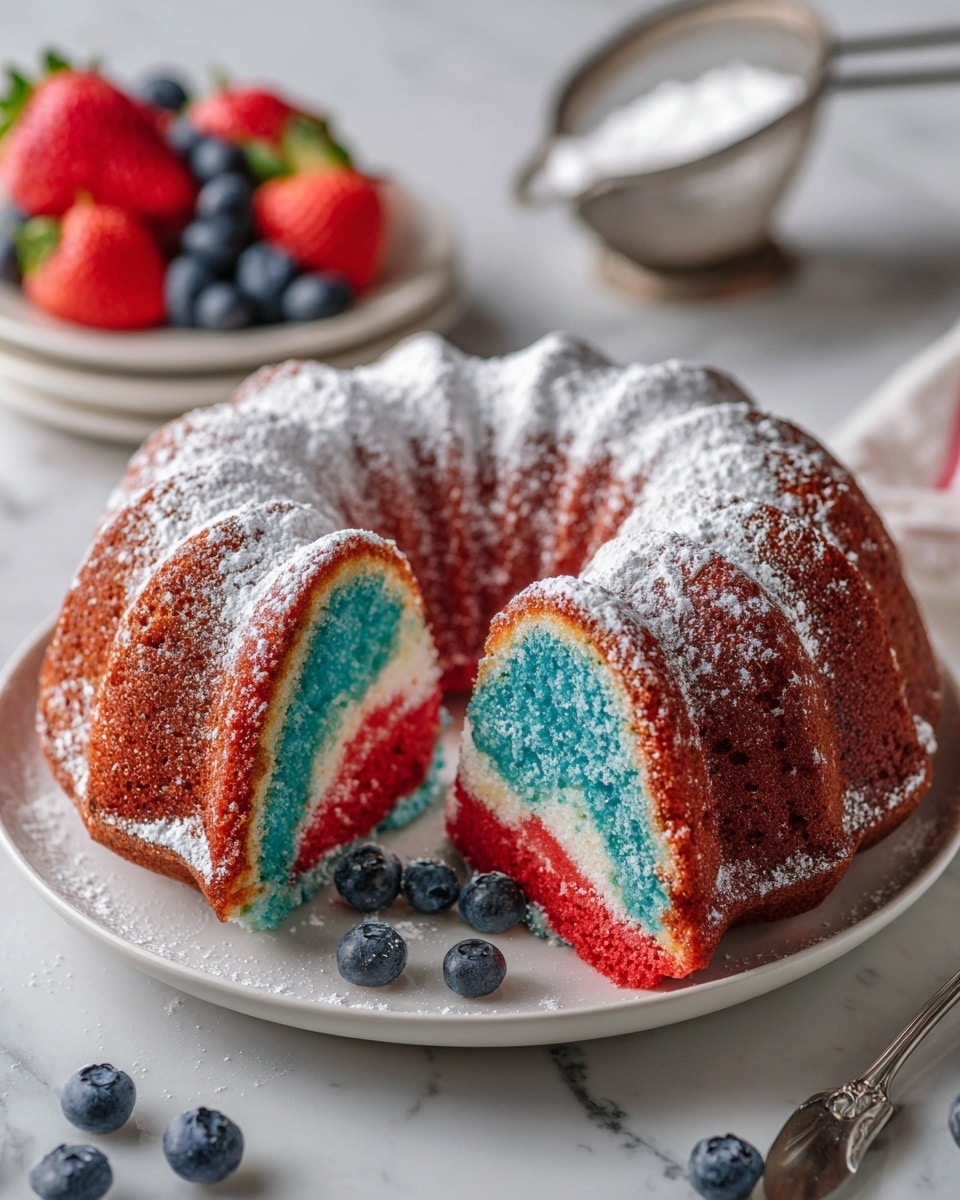 A Bundt cake is shown on a large white plate, cut into slices revealing three bright layers inside: a central blue layer, surrounded by a red layer, and a thin outer green layer. The cake's outer crust is golden brown with a slightly crunchy texture. The whole cake is dusted with powdered sugar, creating a white snowy effect over the top and sides. In the background, on a white marbled surface, there are sliced strawberries and blueberries scattered, adding fresh red and blue colors. A small sieve filled with powdered sugar and a striped cloth with green and red edges add touches around the plate. Photo taken with an iphone --ar 4:5 --v 7