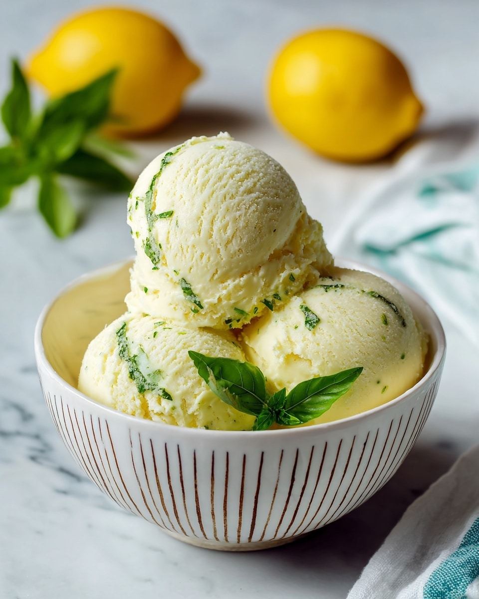 The image shows three scoops of pale yellow lemon ice cream with thin green streaks, placed in a white bowl with light brown vertical lines. The scoops have a smooth texture with slightly rough edges and are arranged so that one scoop is on top of the other two, creating a layered effect. Fresh bright green basil leaves are tucked beside the scoops, adding contrast. In the background, out of focus, there are two whole yellow lemons and some basil leaves. The bowl sits on a surface with a white marbled texture, and a white cloth with teal stripes is partially visible near the bowl. Photo taken with an iphone --ar 4:5 --v 7