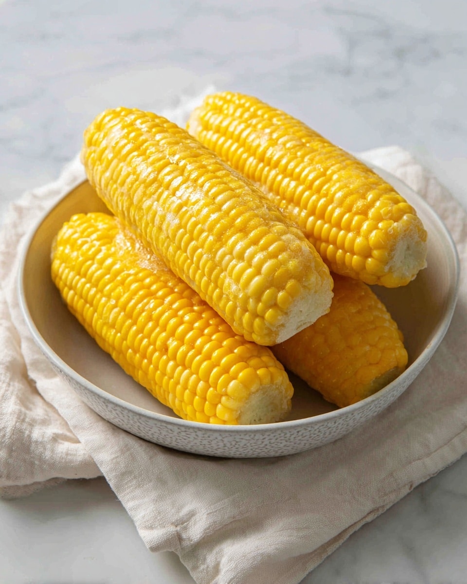 The image shows four bright yellow corn cobs placed inside a white bowl with a subtle textured pattern. The corn looks fresh and juicy with some patches of melted butter adding a shiny, smooth texture to parts of the kernels. The bowl is set on a soft, light, off-white cloth on top of a white marbled surface, creating a clean and simple background that contrasts with the vibrant yellow corn. photo taken with an iphone --ar 4:5 --v 7