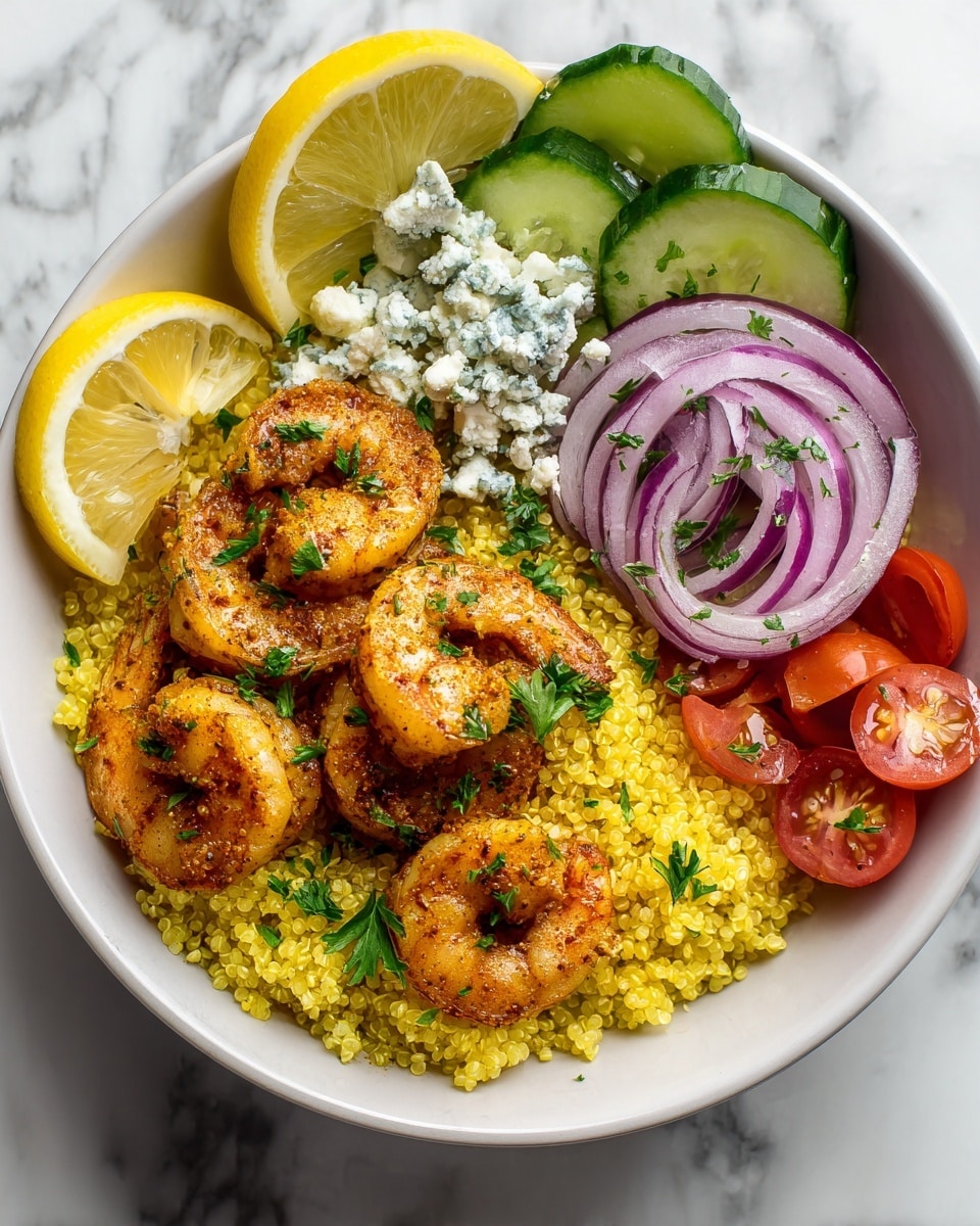 A white bowl filled with a base layer of yellow quinoa, topped with five bright orange seasoned shrimp sprinkled with green parsley leaves, slices of refreshing green cucumber placed behind, a small pile of crumbly white and blue cheese on one side, thin red onion rings next to it, and halved red cherry tomatoes at the edge, with two lemon wedges resting on the bowl's rim, all set on a white marbled surface. Photo taken with an iphone --ar 4:5 --v 7