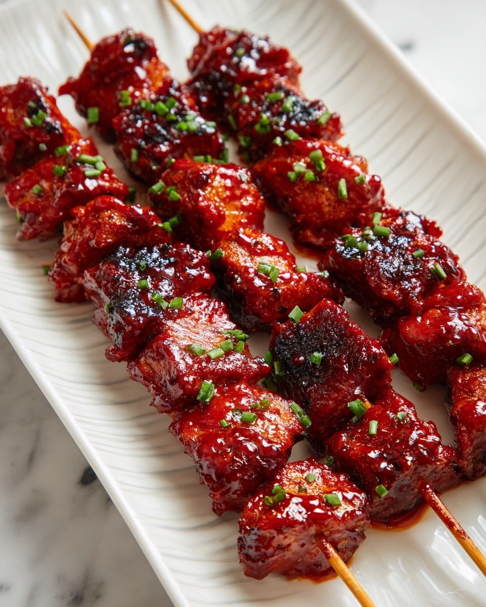 The image shows three skewers of grilled meat with a shiny reddish glaze, likely barbecue sauce, covering the pieces. Each skewer has several thick meat chunks with some parts darker and slightly burnt, adding a crispy texture. Small green chive pieces are sprinkled over the meat, adding a fresh color contrast. The skewers are placed side by side on a long white plate with a subtle ridged edge. The background surface is a white marbled texture, complementing the dish. photo taken with an iphone --ar 4:5 --v 7