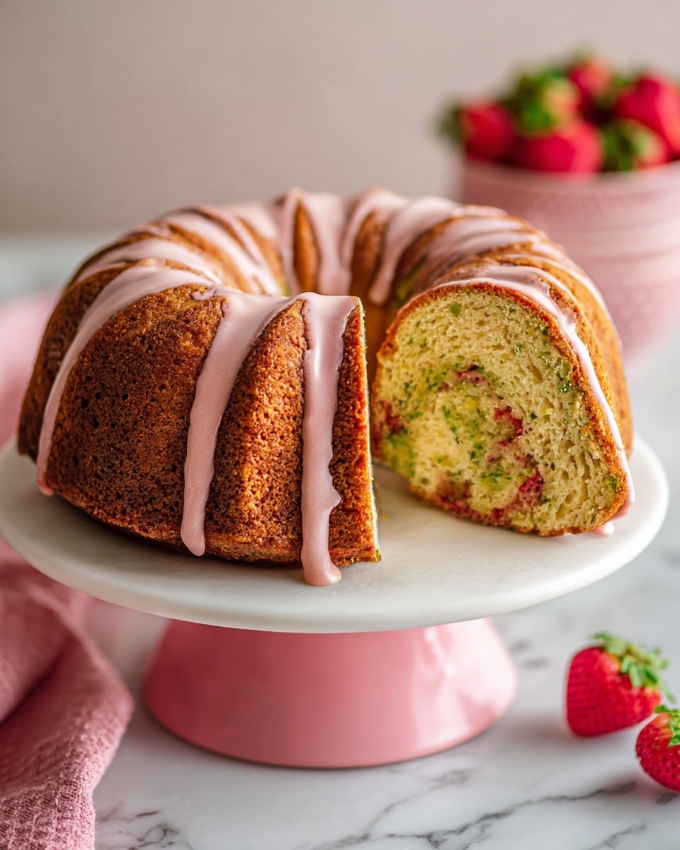 A sliced bundt cake with three visible layers swirling around in a ring shape, with light golden brown crust and specks of green and red inside the soft crumb texture; the cake is covered with a smooth, light pink glaze dripping down the ridges on top, sitting on a white cake stand with a pink base, all placed on a white marbled surface; in the background, out of focus, are fresh red strawberries and a pink cloth on the surface. Photo taken with an iphone --ar 4:5 --v 7
