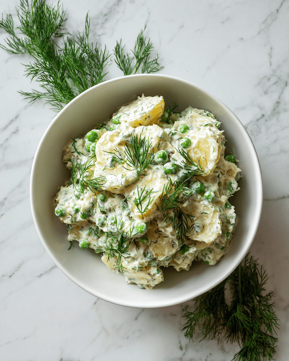 A white bowl is filled with a creamy salad that has three main layers: the base is small green peas, mixed evenly with soft light yellow potato chunks, all coated in a smooth, thick white dressing. Fresh green dill sprigs are scattered on top, adding a delicate feather-like texture and bright green color contrast. The bowl sits on a white marbled surface with more dill sprigs placed around it, creating a fresh, natural feel. photo taken with an iphone --ar 4:5 --v 7