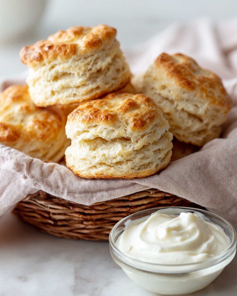 A close-up of several golden brown, fluffy biscuits stacked in a woven basket lined with a soft light pink cloth. The biscuits have a slightly crumbly texture with visible layers, showing their light and airy inside. In the foreground, there is a small clear glass bowl filled with smooth, white cream. The scene is set on a white marbled surface with soft lighting highlighting the warm tones of the biscuits. photo taken with an iphone --ar 4:5 --v 7
