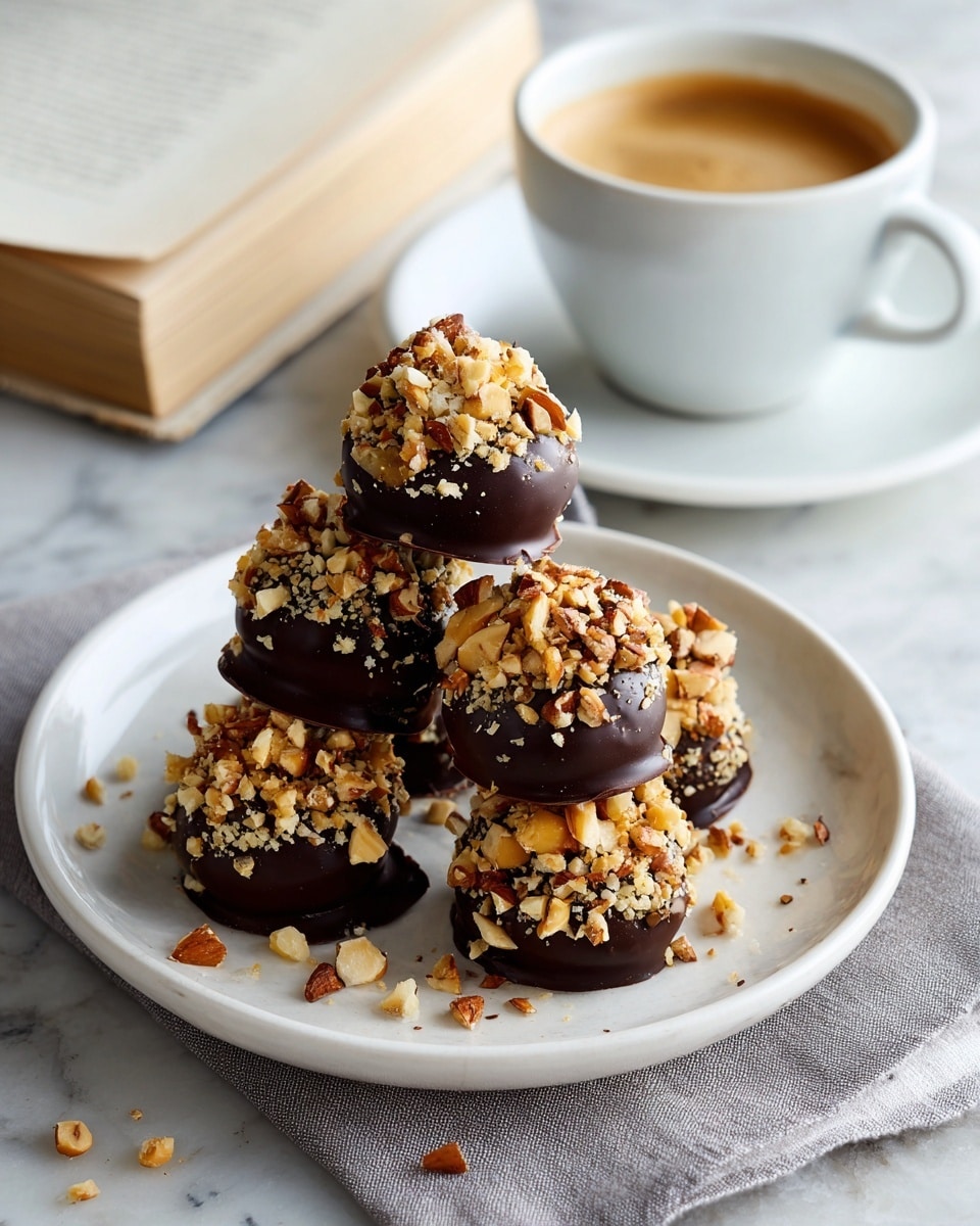 A white plate holds a stack of five round treats covered in shiny dark chocolate, each topped with a generous layer of chopped nuts in light brown and beige tones. The chocolate coating looks smooth and glossy with a few nut pieces fallen around the base of the plate. The plate rests on a soft gray cloth, all placed on a white marbled surface. In the background, there is a white cup with a light brown frothy coffee on a matching white saucer, and a closed book with a light tan cover partly visible. Photo taken with an iphone --ar 4:5 --v 7