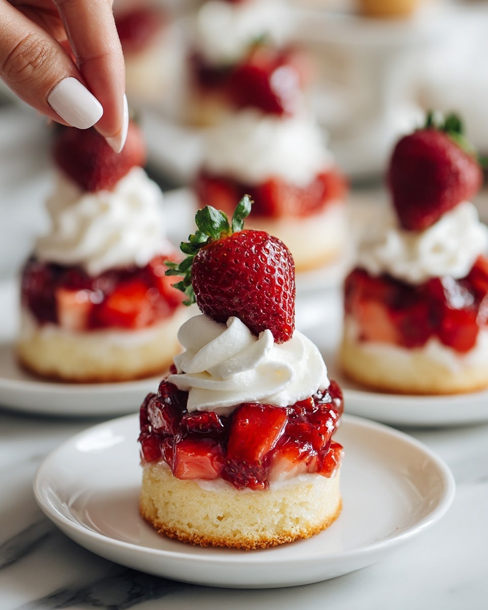 The image shows a close-up of small cupcake-like desserts on white plates, set on a white marbled surface. Each dessert has three layers: the bottom layer is a light golden-brown cake, the middle layer is white cream, and the top layer is a mix of bright red strawberry pieces covered with glossy red syrup. On top of each dessert is a swirl of white whipped cream, crowned with a whole fresh strawberry that is bright red with visible seeds and a green stem. In the background, parts of other similar desserts are visible, slightly out of focus, and a woman's hand is gently touching one of the desserts. Photo taken with an iphone --ar 4:5 --v 7