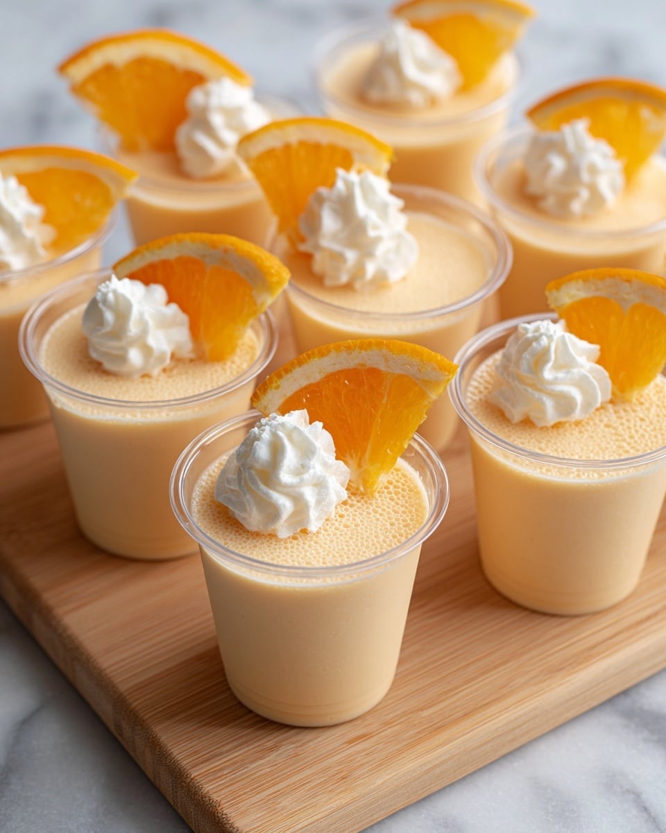 The image shows several small clear plastic cups filled with a smooth, light orange creamy dessert. Most cups are plain, but a few have a small swirl of white whipped cream on top, and one cup is decorated with a small orange wedge placed beside the whipped cream. The cups are arranged on a light wooden board placed on a white marbled surface. The dessert layer has a consistent texture and color, slightly foamy on top. Photo taken with an iphone --ar 4:5 --v 7