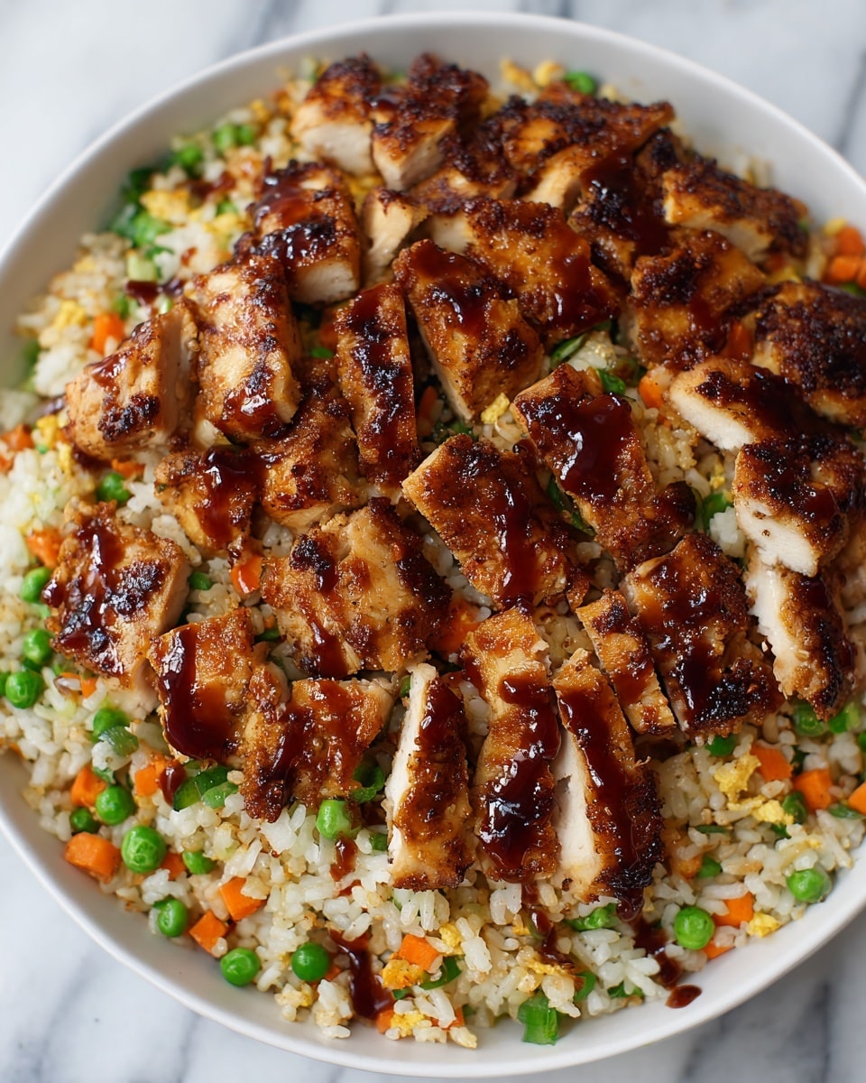 The image shows a close-up of a white bowl filled with colorful fried rice and topped with grilled chicken pieces. The bottom layer is the fried rice, which has white grains mixed with small bits of orange carrot and green peas, giving it a lively look. On top, there are many chunks of grilled chicken, browned with a shiny glaze of dark sauce that adds a rich shine. The chicken pieces look tender and sit spread out evenly over the rice. The background is a white marbled surface. photo taken with an iphone --ar 4:5 --v 7