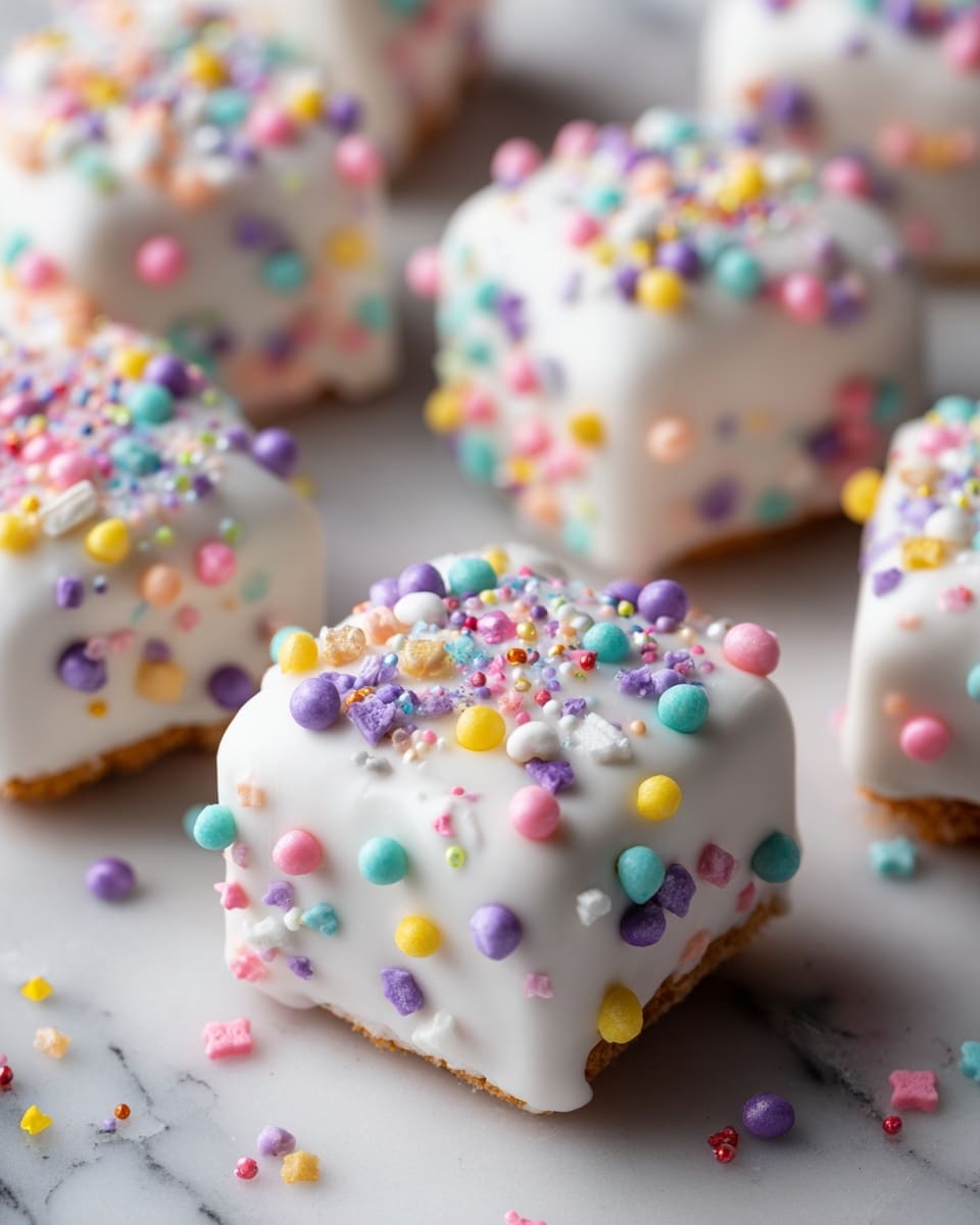 The image shows a close-up of small square cakes covered in smooth white icing with a soft texture. Each cake is decorated with an assortment of colorful sprinkles, including tiny round balls in pastel colors of pink, yellow, blue, purple, and green, along with small elongated shapes and flat round pieces, evenly spread on the top and sides. The icing flows slightly over the edges of each cake, giving a slightly rounded look to the corners. The cakes are arranged on a white marbled texture surface, with some sprinkles scattered around them. Photo taken with an iphone --ar 4:5 --v 7