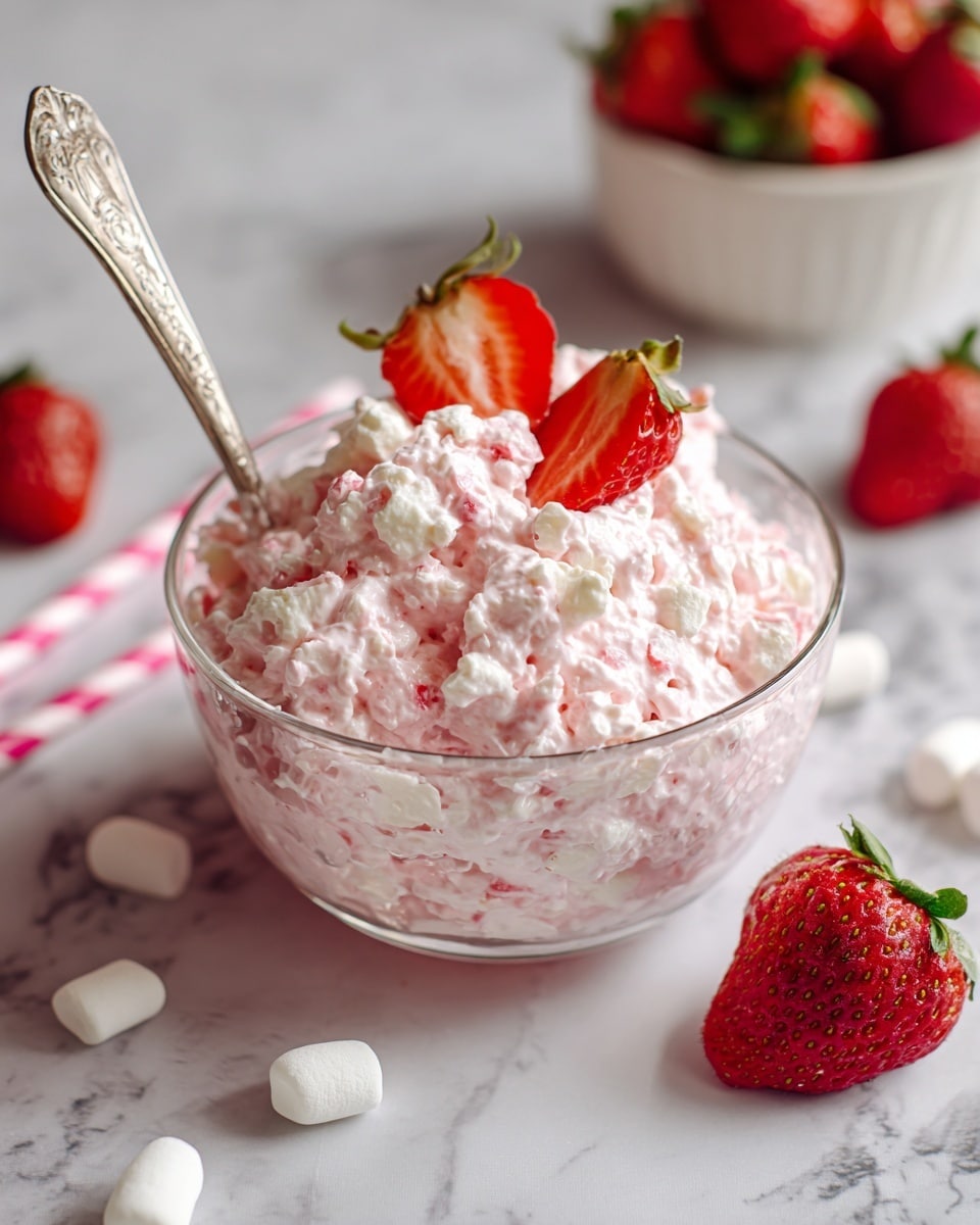 A clear glass bowl filled with a fluffy pink salad, which has a light and creamy texture with small white and pink chunks mixed throughout. On top, there are three fresh strawberries, two sliced in half showing their red interior and green tops, and one whole. A detailed silver spoon is placed inside the bowl, resting against the side. Around the bowl, there are a few small white marshmallows scattered on a white marbled texture background, along with a pink and white striped straw and a white bowl filled with whole strawberries in the background. photo taken with an iphone --ar 4:5 --v 7
