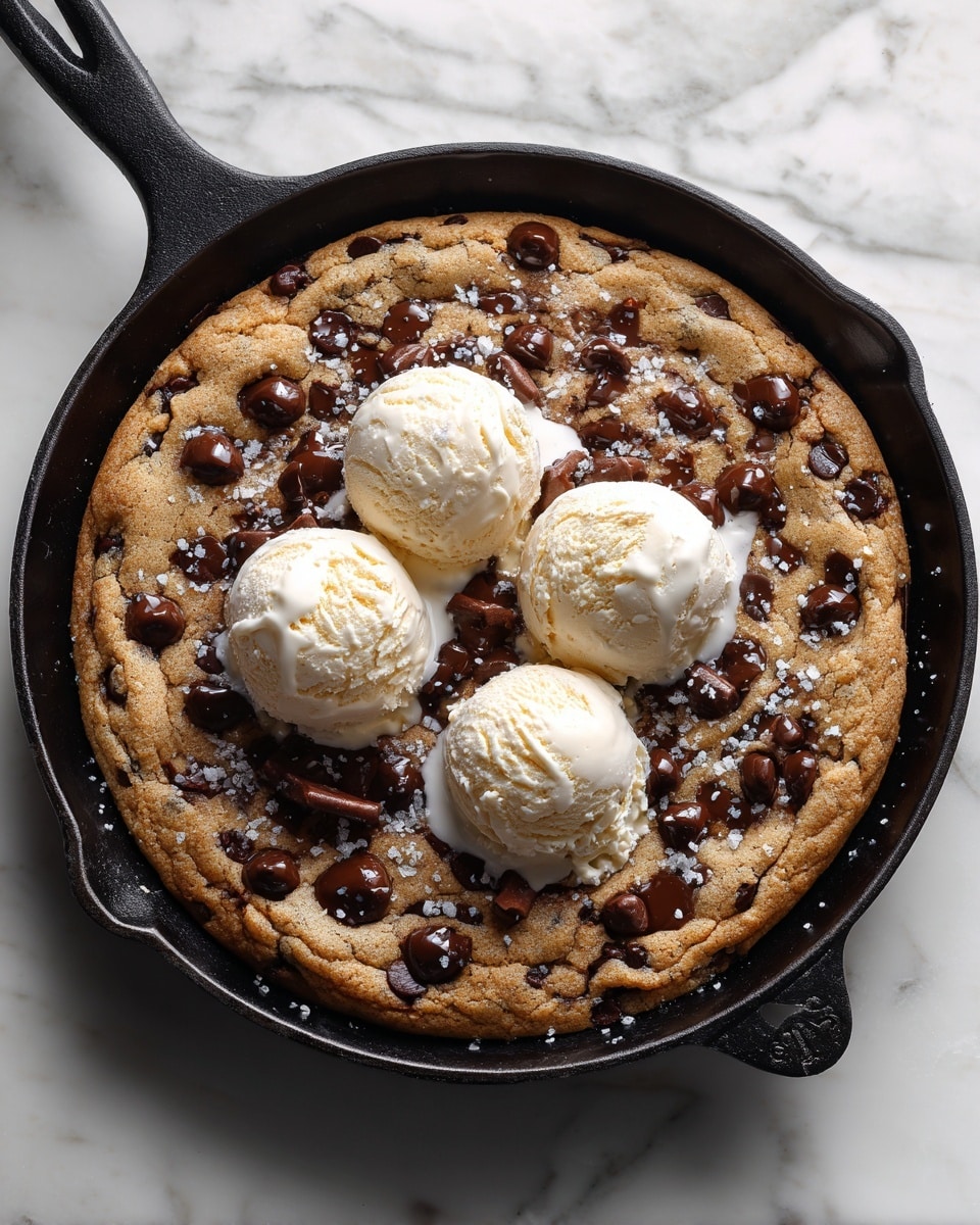 A large chocolate chip cookie baked in a black cast iron skillet forms the base layer, golden brown in color with slightly raised edges and lots of melted dark chocolate chips spread evenly across it. On top, three round scoops of creamy vanilla ice cream sit close together in the center, slightly melting and creating small shiny pools on the cookie surface. A light sprinkling of flaky sea salt is scattered over the cookie and ice cream, adding texture and a hint of shine. The skillet is placed on a white marbled surface, visible around its edges. photo taken with an iphone --ar 4:5 --v 7