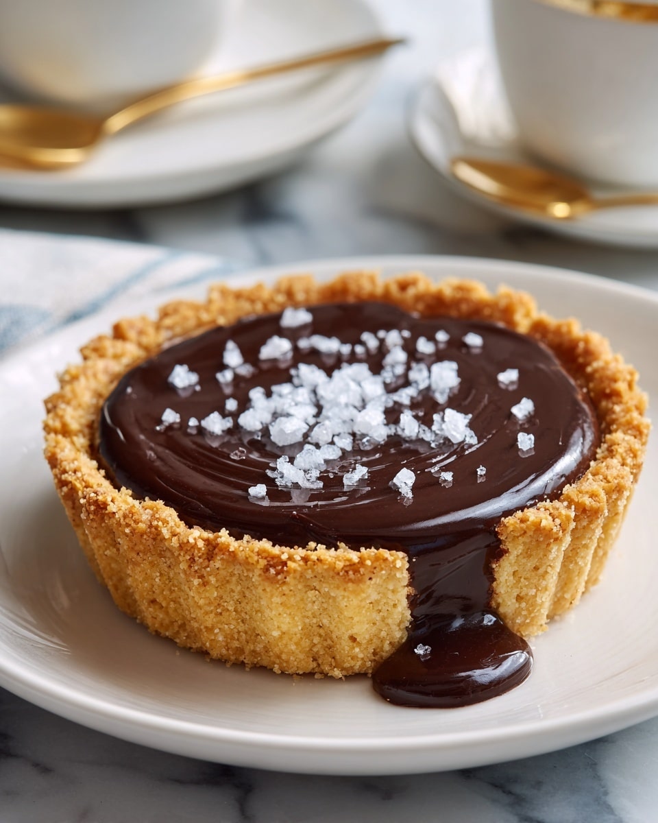 A small tart with one visible layer of golden, crumbly crust forming the base and edges, filled with one thick layer of smooth, shiny dark chocolate ganache that slightly spills over the edge onto the white plate, topped with a small pile of coarse white sea salt flakes at the center; the tart sits on a white marbled surface with a blurred white cup and gold spoon in the background. photo taken with an iphone --ar 4:5 --v 7