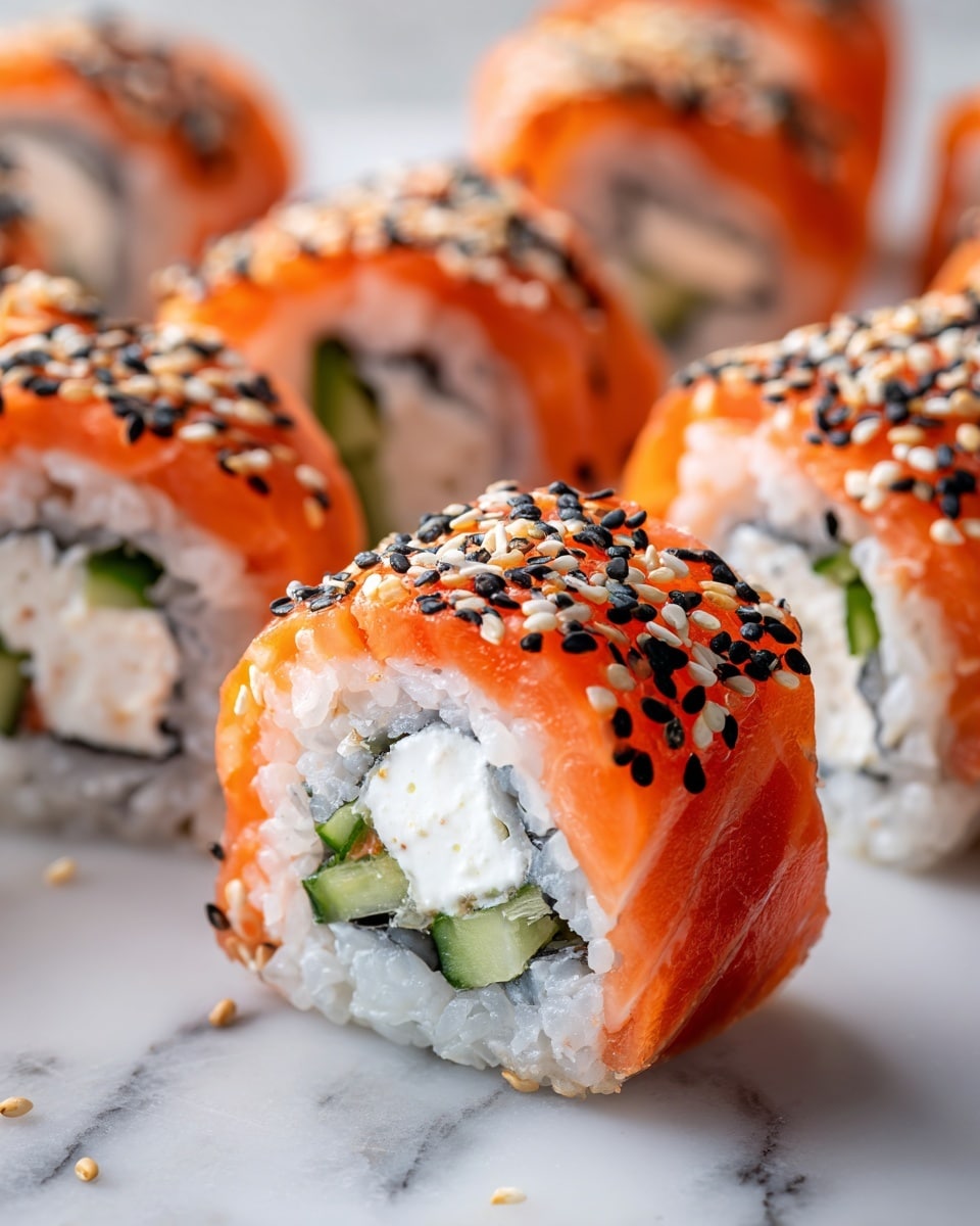 The image shows a close-up of sushi rolls arranged on a white marbled surface. Each roll has several layers: a bright orange salmon outer layer sprinkled with black and white sesame seeds, a middle layer of white rice, and an inner layer containing green cucumber sticks and white cream cheese. The rolls are cut into thick, even pieces, revealing the clean, fresh ingredients inside. The focus is sharp on the sushi, highlighting the texture of the salmon and sesame seeds. photo taken with an iphone --ar 4:5 --v 7