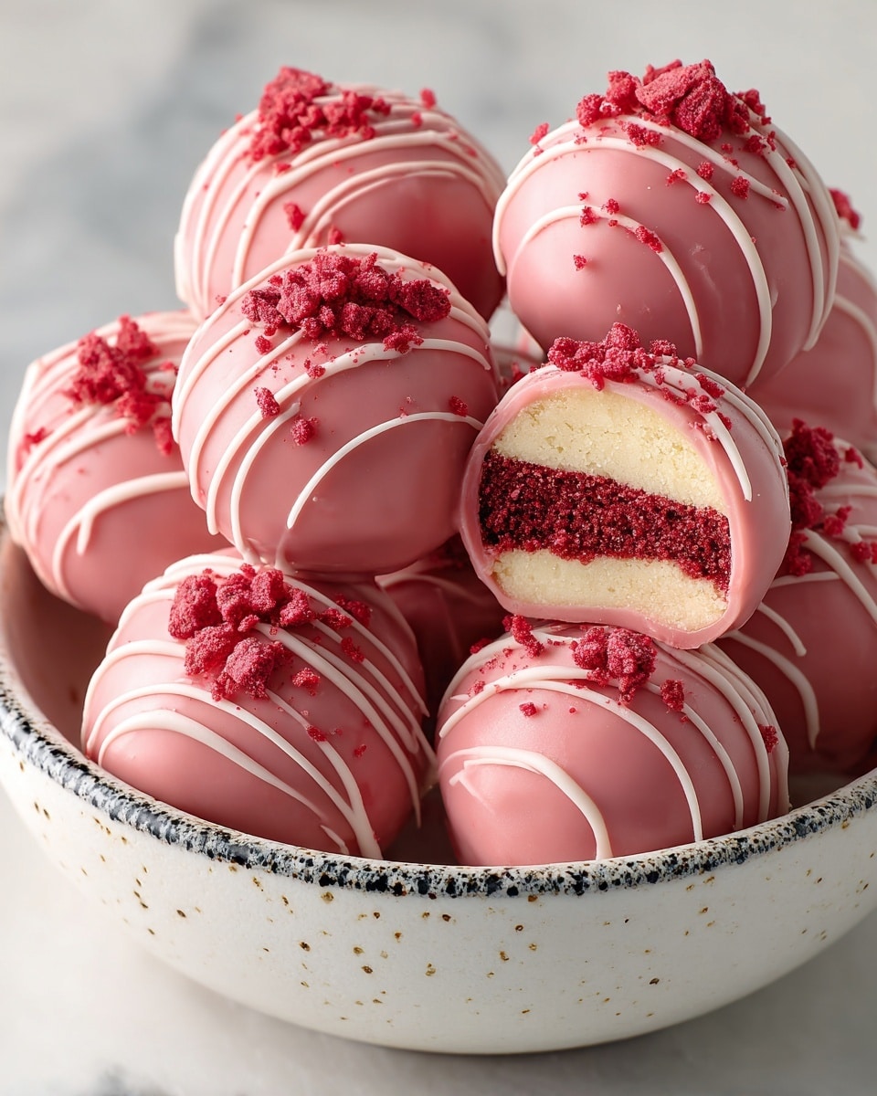 The image shows several round cake balls, each coated in a smooth, light pink icing. Each cake ball is decorated with thin white icing drizzles across the top and sprinkled with bright red crumbs. One cake ball is cut in half, revealing two inside layers: a top layer of light cream color cake and a bottom layer of pink cake with red crumbs mixed in. The cake balls are placed closely together in a white bowl with dark speckles. The background surface has a white marbled texture. photo taken with an iphone --ar 4:5 --v 7