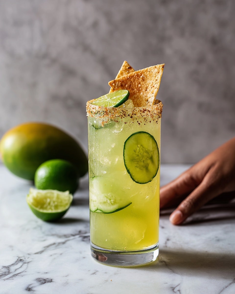 The image shows a yellow drink in a short, round clear glass sitting on a white marbled surface. The drink has three thin cucumber slices pressed against the inside of the glass, evenly spaced around it. A frosty ice cube floats on top, with a thin, curled slice of dried fruit resting on the ice. The rim of the glass is coated with a red spice powder. There is a halved lime and a whole green mango nearby, all under bright, natural light. Photo taken with an iphone --ar 4:5 --v 7