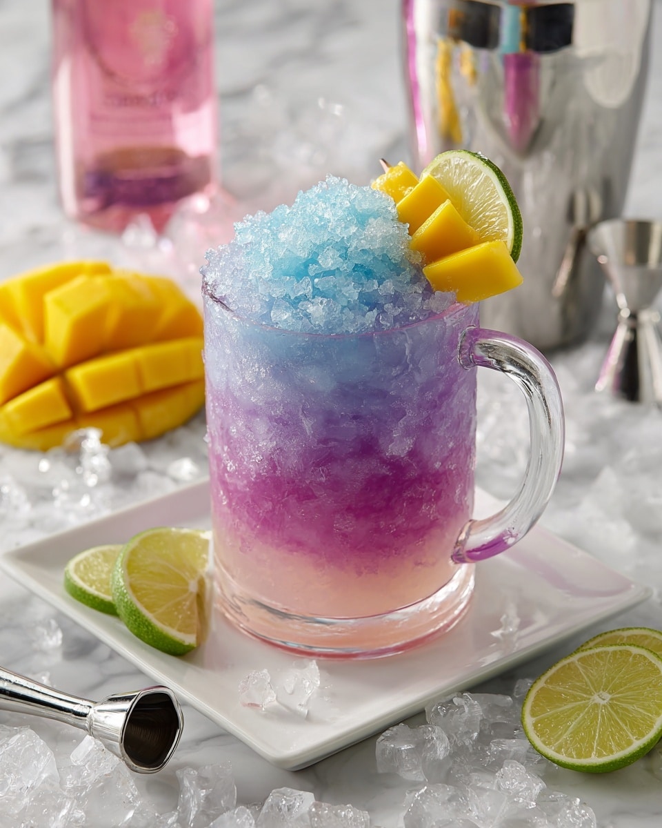 A clear glass mug filled with a three-layer crushed ice drink sits on a white square plate; the bottom layer is a soft pink color, the middle layer is light purple blending into a deeper purple on the top, crowned with bright blue crushed ice. A slice of lime is perched on the rim of the glass, and small mango wedges are skewered and placed on top of the crushed ice. The background includes a silver cocktail shaker and a pink bottle, all set on a white marbled surface scattered with ice cubes and lime slices, with a metallic jigger lying in the foreground. Photo taken with an iphone --ar 4:5 --v 7
