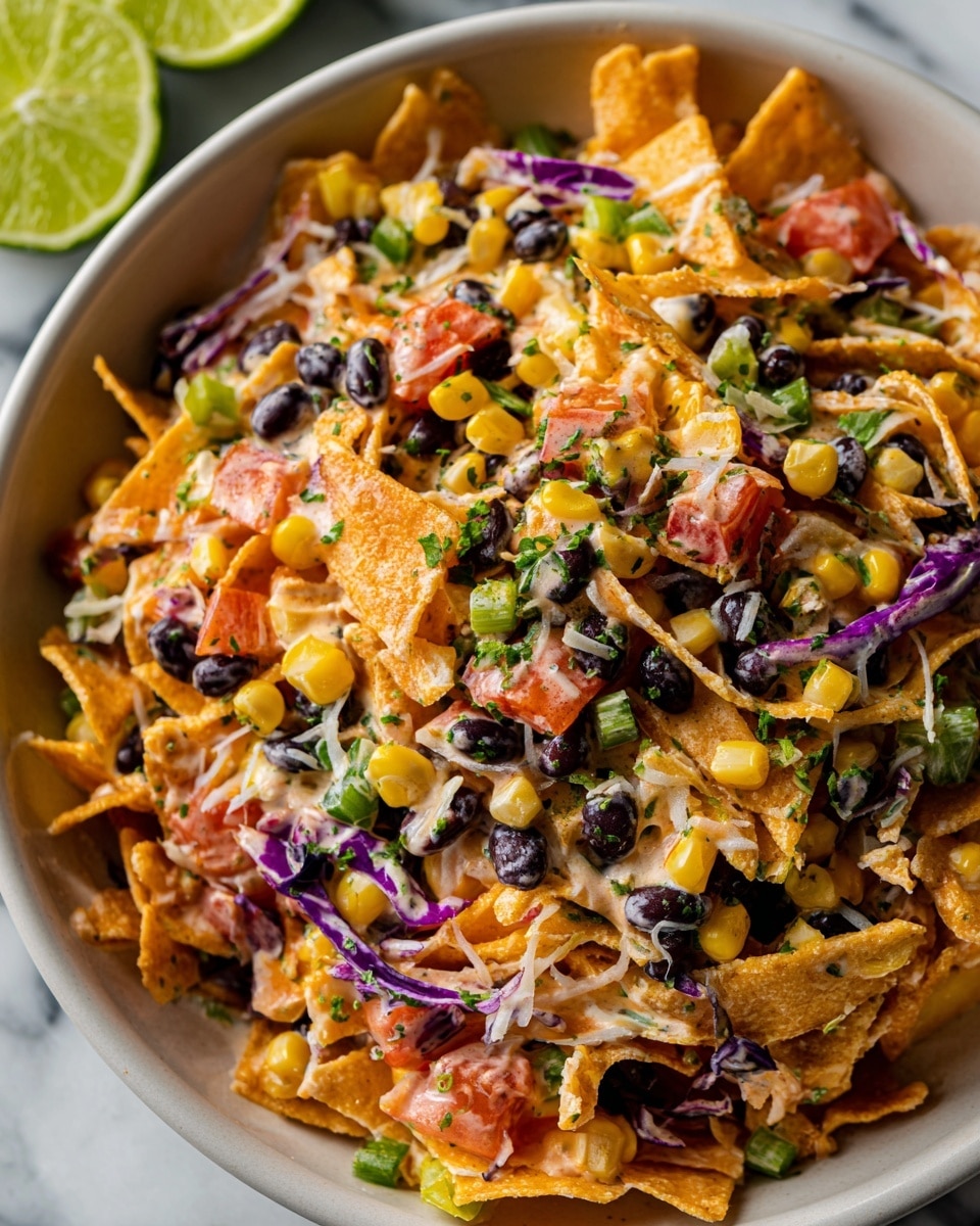A close-up of a white bowl filled with a colorful layered salad consisting of broken orange corn chips on top, mixed with visible layers including black beans, yellow corn kernels, shredded light green cabbage, and small diced pieces of red and green bell peppers spread throughout, all mixed in a creamy dressing. The background shows a halved lime and a creamy sauce container placed on a white marbled surface. photo taken with an iphone --ar 4:5 --v 7