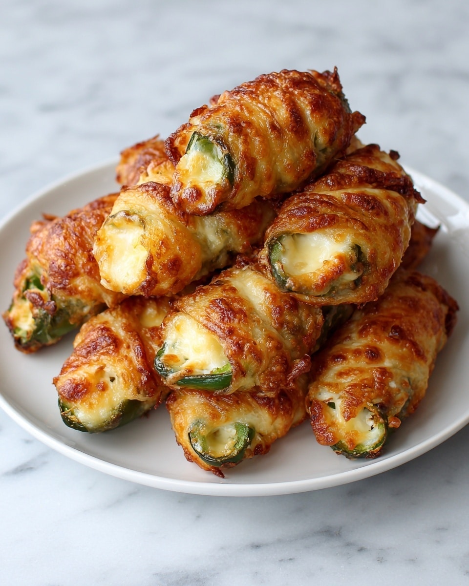 The image shows a pile of golden-brown, crispy jalapeño poppers wrapped in bubbly, melted cheese. Each popper has at least two layers: the bright green jalapeño pepper inside, visible at both ends, and the outer layer of melted cheese that has browned in spots, creating a textured, crunchy look. The poppers are stacked on a white plate, placed on a white marbled surface. The cheese has a slightly shiny and wrinkled texture, and the peppers add a fresh green contrast to the warm tones of the cheese. Photo taken with an iphone --ar 4:5 --v 7