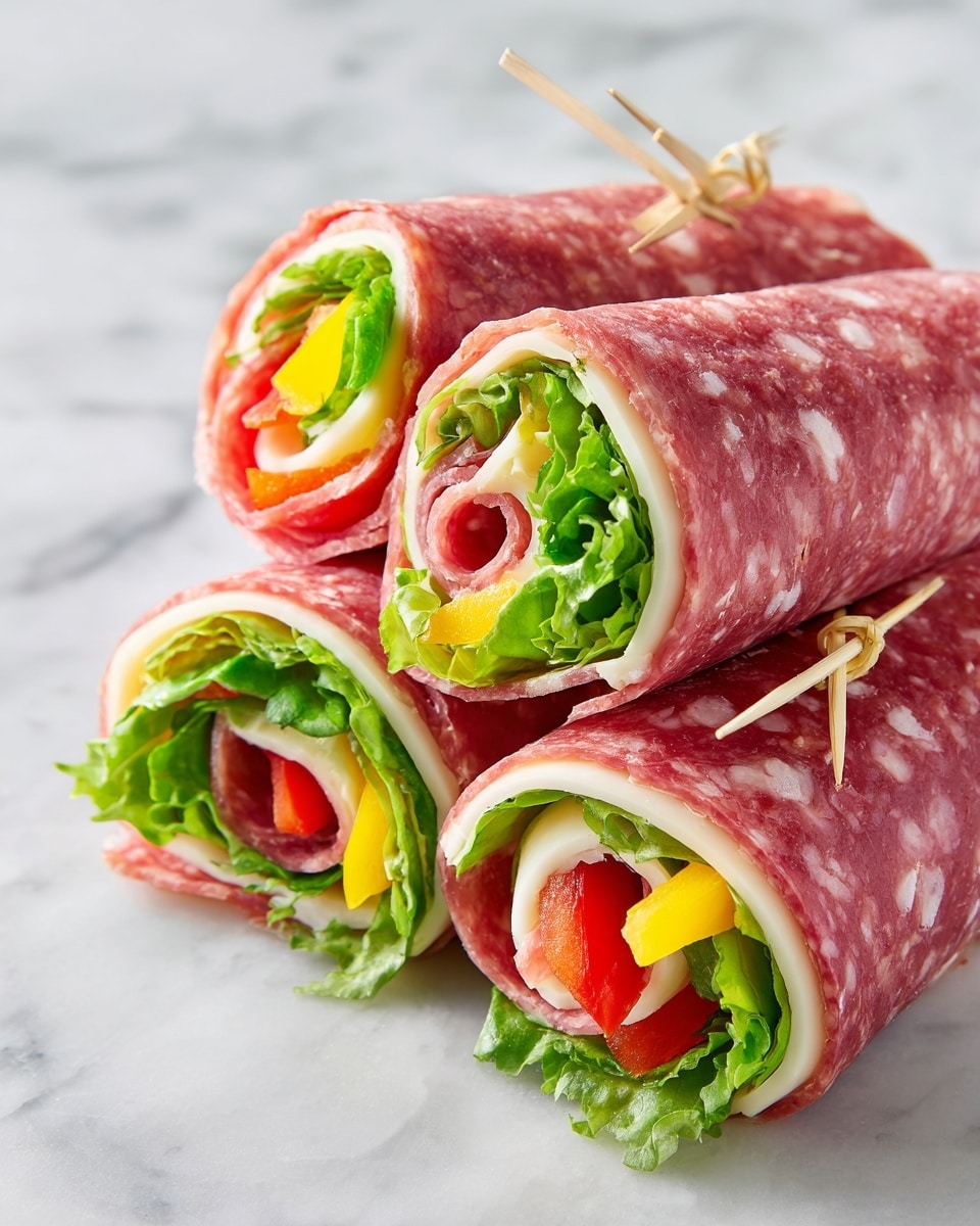 Three rolled deli meat wraps are arranged close together on a white marbled surface with a wooden board visible beneath. Each wrap has an outer layer of thinly sliced pink salami with white fat dots, folded to form a cone shape and secured with a small toothpick. Inside, there is a clear white slice of cheese, a small amount of leafy pale yellow-green lettuce, bright green jalapeño slices, and a piece of red bell pepper. The textures range from smooth and shiny on the meat and cheese to slightly crisp and wet on the vegetables. photo taken with an iphone --ar 4:5 --v 7