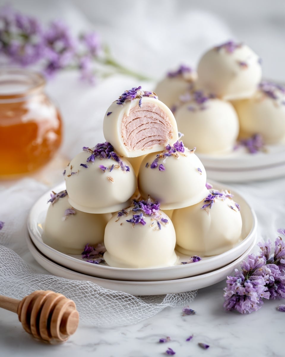 A stack of round white chocolate-coated truffles sits on a double-layered white plate. Each truffle is smooth and glossy, topped with tiny purple flower petals. One truffle is cut open, showing its inside which is a textured pink cream with vertical ridges. The plate is placed on a white textured cloth on a white marbled surface. In the background, purple flowers blur softly along with a white ribbed container and a wooden honey dipper placed horizontally. The scene is bright and airy, focusing on the soft colors and gentle textures. photo taken with an iphone --ar 4:5 --v 7
