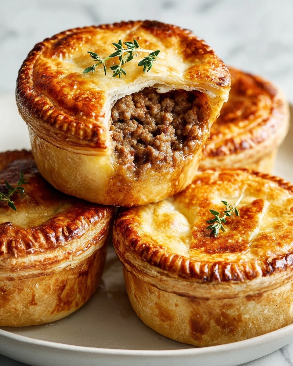 The image shows four round meat pies stacked closely on a white plate set on a white marbled surface. Each pie has a golden brown, flaky crust with crispy edges and a slightly shiny top. One pie is open at the top, revealing a filling of cooked ground meat that is a medium brown color with a moist texture. The other three pies are fully covered with crust lids, one topped with a small sprig of fresh green thyme for decoration. The crust tops are smooth with a few browned spots, showing a layered and tender pastry. Photo taken with an iphone --ar 4:5 --v 7