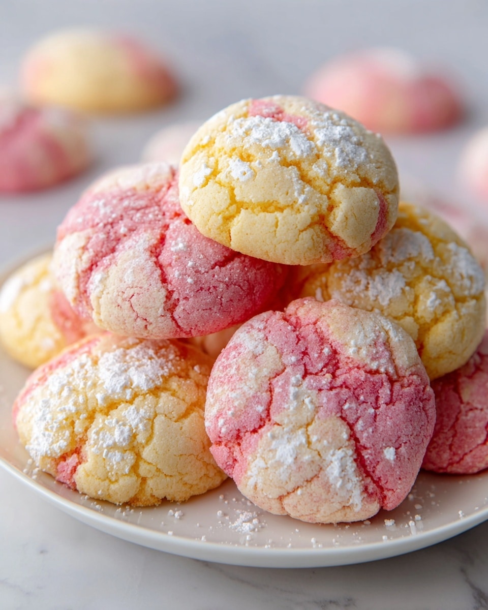 The image shows soft round cookies with two swirled colors: pale yellow and light pink, resembling a mix of strawberry and lemonade flavors, each sprinkled lightly with white powdered sugar. The cookies have a slightly cracked texture on top, revealing a soft inside, and are placed closely together in a small stack on a white plate with some scattered in the background on a white marbled surface. The colors of the cookies gently blend in swirled patterns, making them look fresh and inviting. Photo taken with an iphone --ar 4:5 --v 7