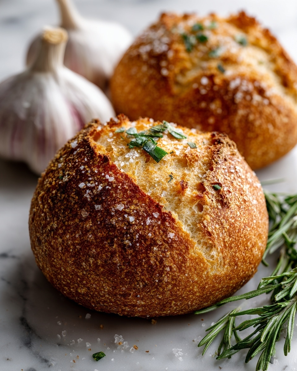 The image shows two round, golden-brown bread rolls with a crispy crust sprinkled with coarse salt and small green herb pieces on top. The bread has a textured and slightly cracked surface, showing a crunchy exterior. Behind the bread rolls, there is a white marbled surface with some garlic bulbs and rosemary sprigs placed casually, adding a rustic feel. The lighting highlights the bread’s warm color and detailed texture. photo taken with an iphone --ar 4:5 --v 7