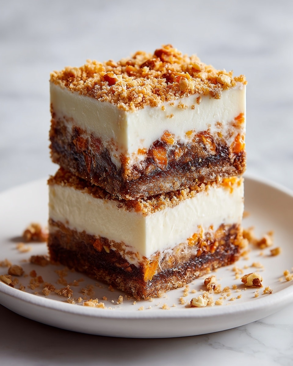 The image shows two stacked squares of a dessert on a white plate, placed on a white marbled surface. Each square has three layers: the bottom layer is dark brown with a rough, crumbly texture mixed with small chunks, the middle layer is creamy white and smooth, and the top layer is light orange with a crumbly sprinkle of fine bits. Small orange and crumbly bits are scattered around the plate, matching the topping texture. The close-up focus highlights the moist and dense appearance of the dessert with a shiny glaze on the cream layer. Photo taken with an iphone --ar 4:5 --v 7