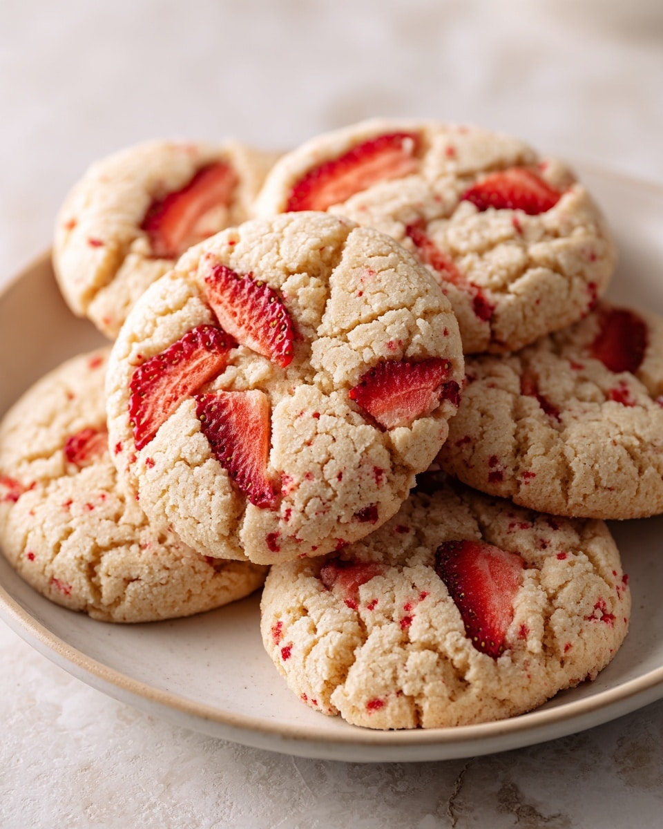 A close-up view of several round strawberry cookies stacked on a white plate. The cookies have a light brown color with a soft, cracked texture and small red specks scattered throughout. Each cookie has a slightly uneven surface, showing natural cracks and folds. Some cookies are topped with bright red, dried strawberry slices that add a pop of color and contrast against the brown cookies. The plate sits on a white marbled texture. photo taken with an iphone --ar 4:5 --v 7