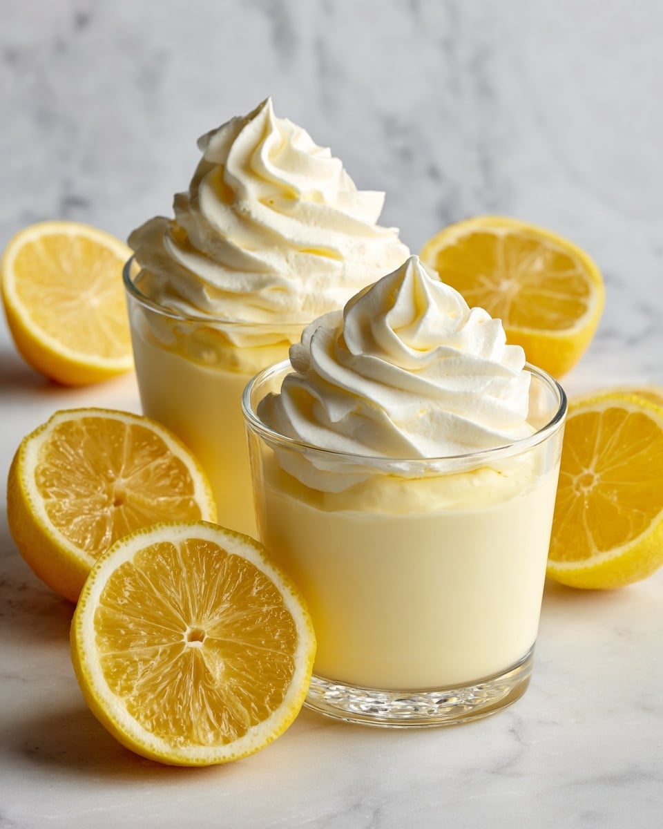 The image shows two clear glass cups filled with a creamy white mousse that has a smooth, light texture. Each cup has a thick swirl of whipped cream on top, adding a fluffy, airy layer. The mousse looks soft and light, taking up most of the cup below the whipped cream. Around the cups, there are halves of fresh lemons with bright yellow skin and juicy pulp, sitting on a white marbled surface. The background is softly blurred, keeping the focus on the dessert cups. photo taken with an iphone --ar 4:5 --v 7