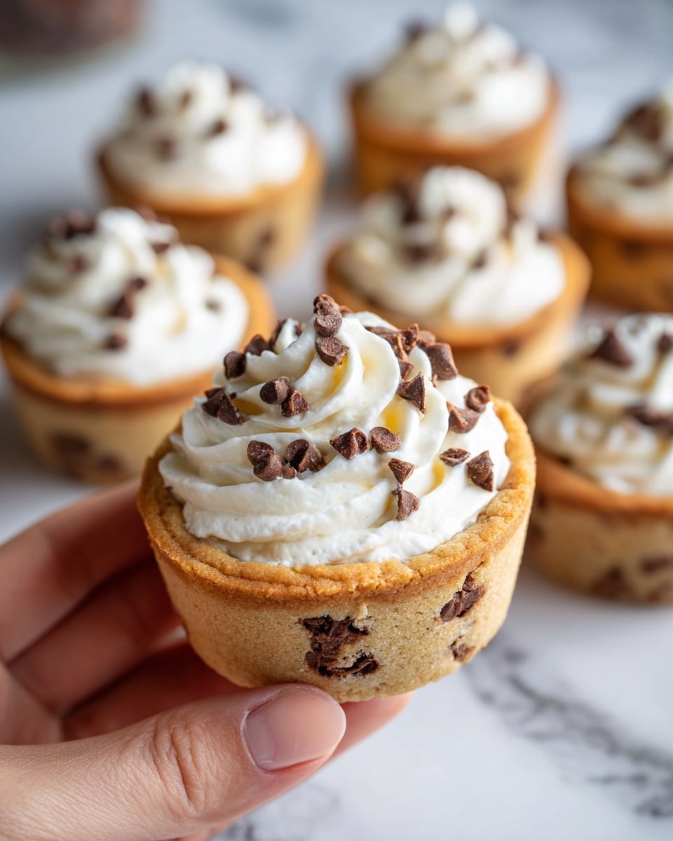 The image shows a close-up of a cookie cup held by a woman's hand. The cookie cup has a thick, golden-brown base filled with creamy white frosting that has smooth and slightly swirled texture. On top of the frosting, there are small chocolate pieces scattered for decoration, adding contrast with dark brown spots against the white cream. The cookie cup looks soft and chewy, with visible chunks of chocolate inside its dough. In the background, there are several more cookie cups arranged on a white marbled surface, all with the same layers of cookie base, white frosting, and chocolate pieces. The overall appearance is rich and inviting, with clear focus on the front cookie cup's details. Photo taken with an iphone --ar 4:5 --v 7